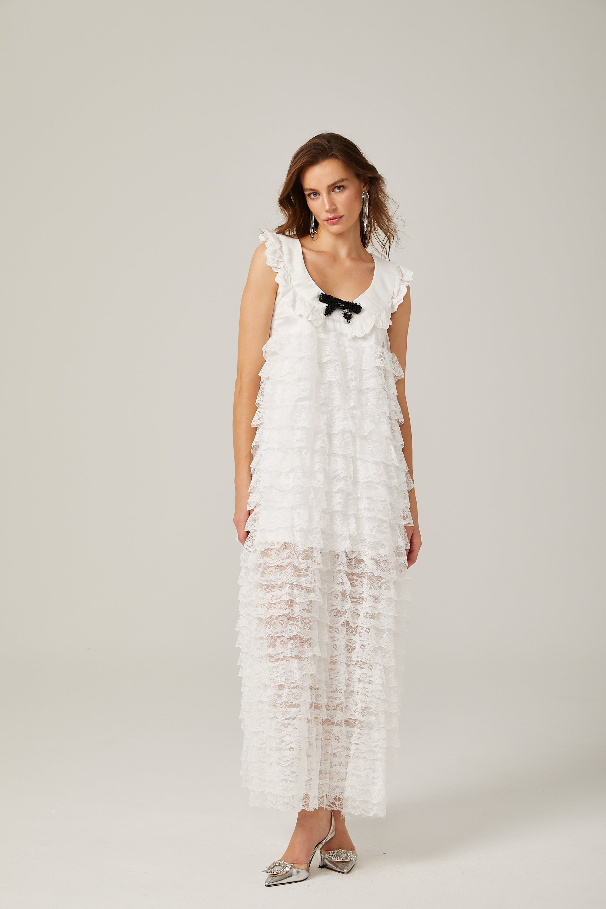 Alora white lace-trim tiered midi dress