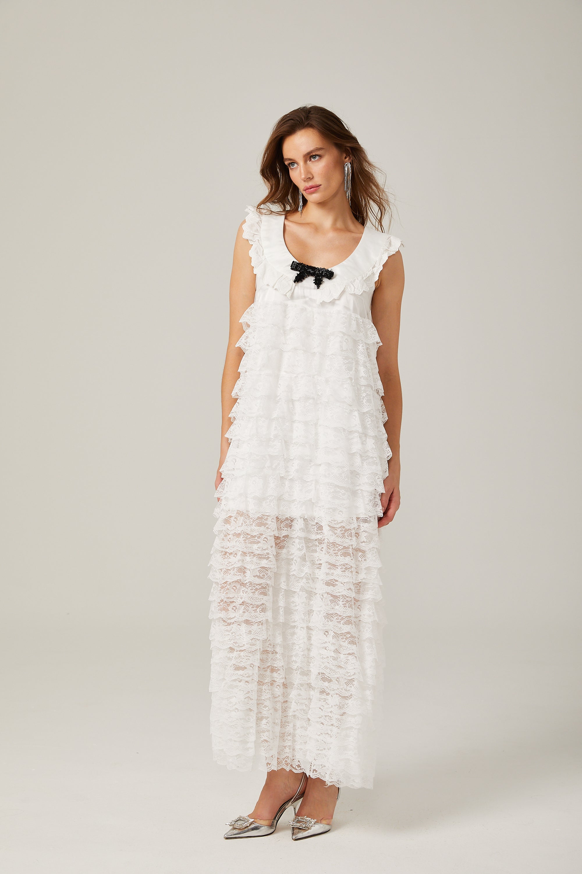 Alora white lace-trim tiered midi dress