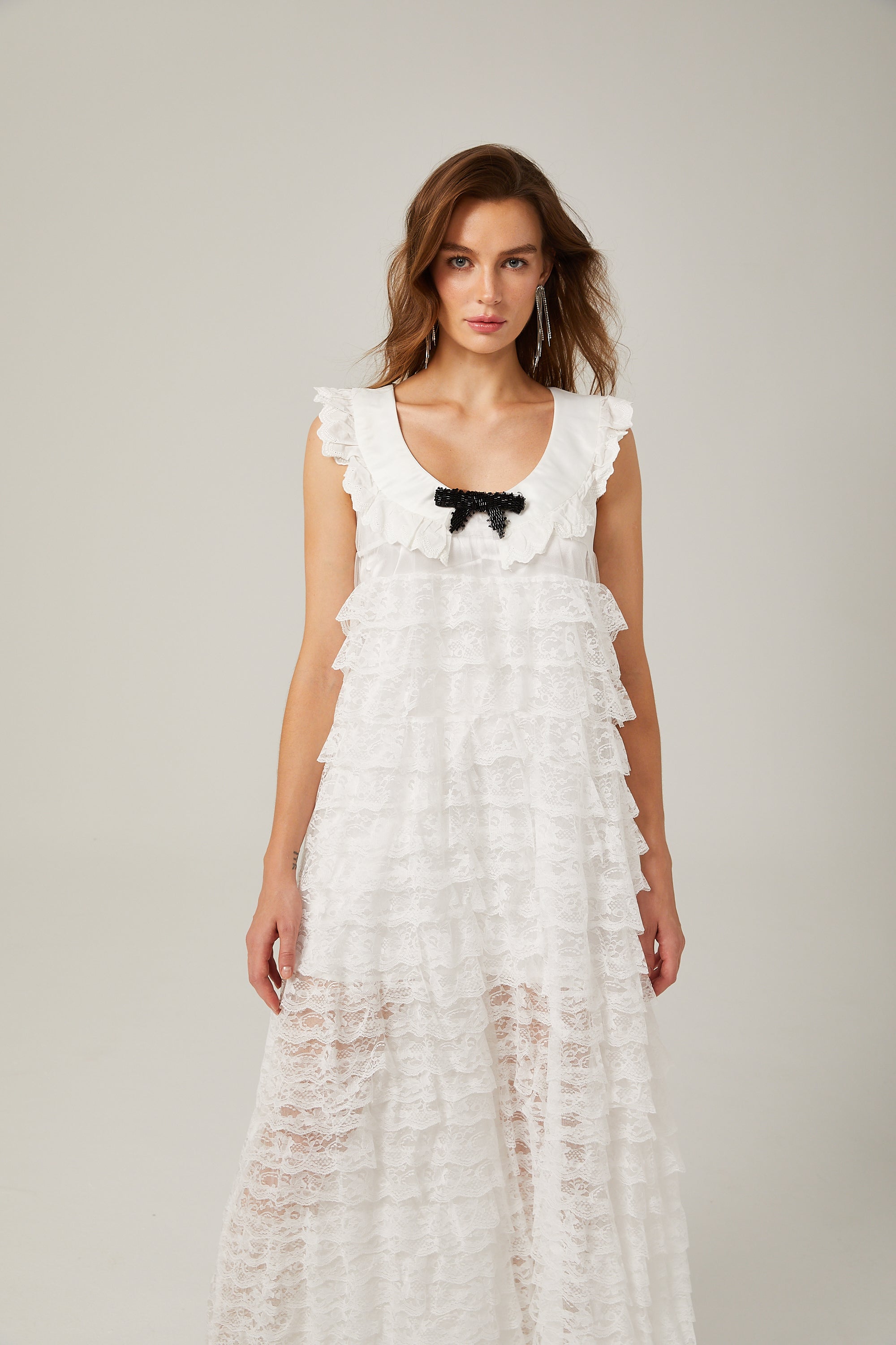 Alora white lace-trim tiered midi dress