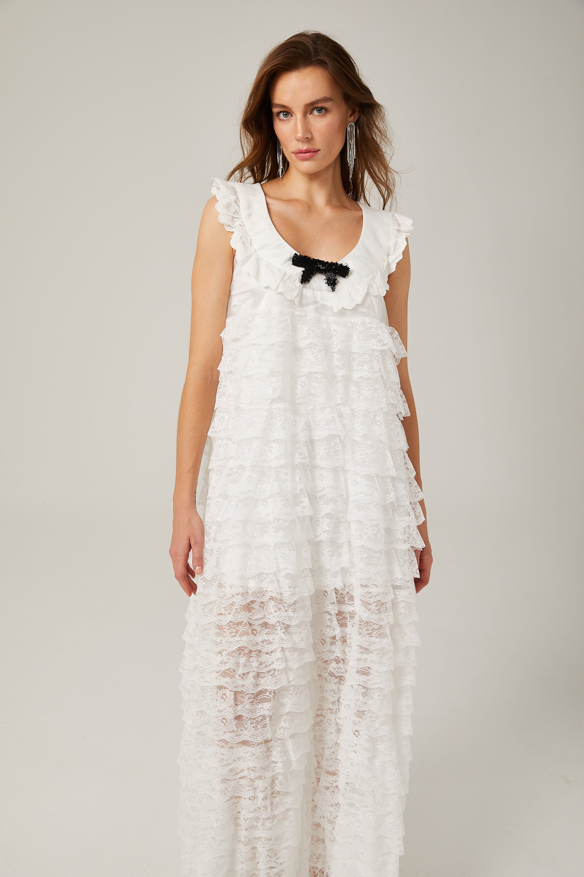 Alora white lace-trim tiered midi dress