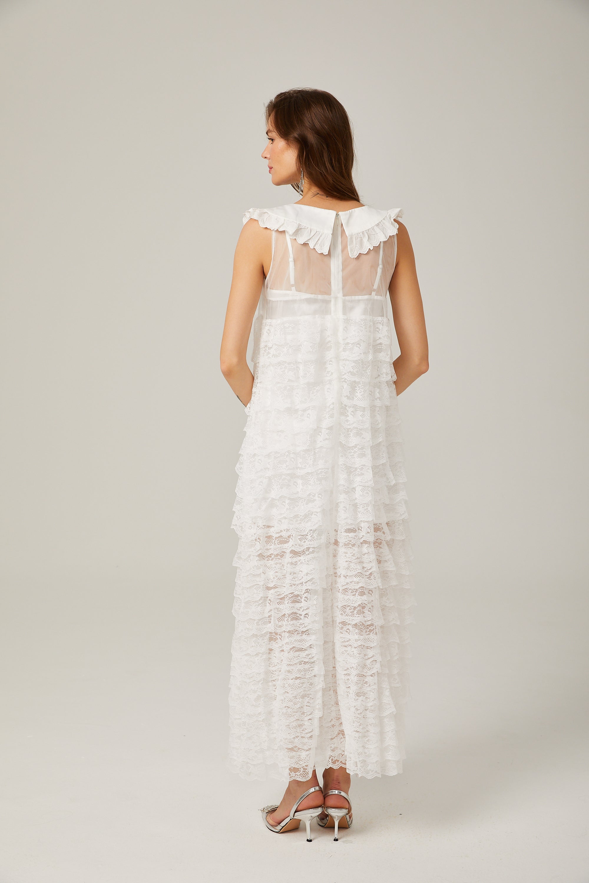 Alora white lace-trim tiered midi dress