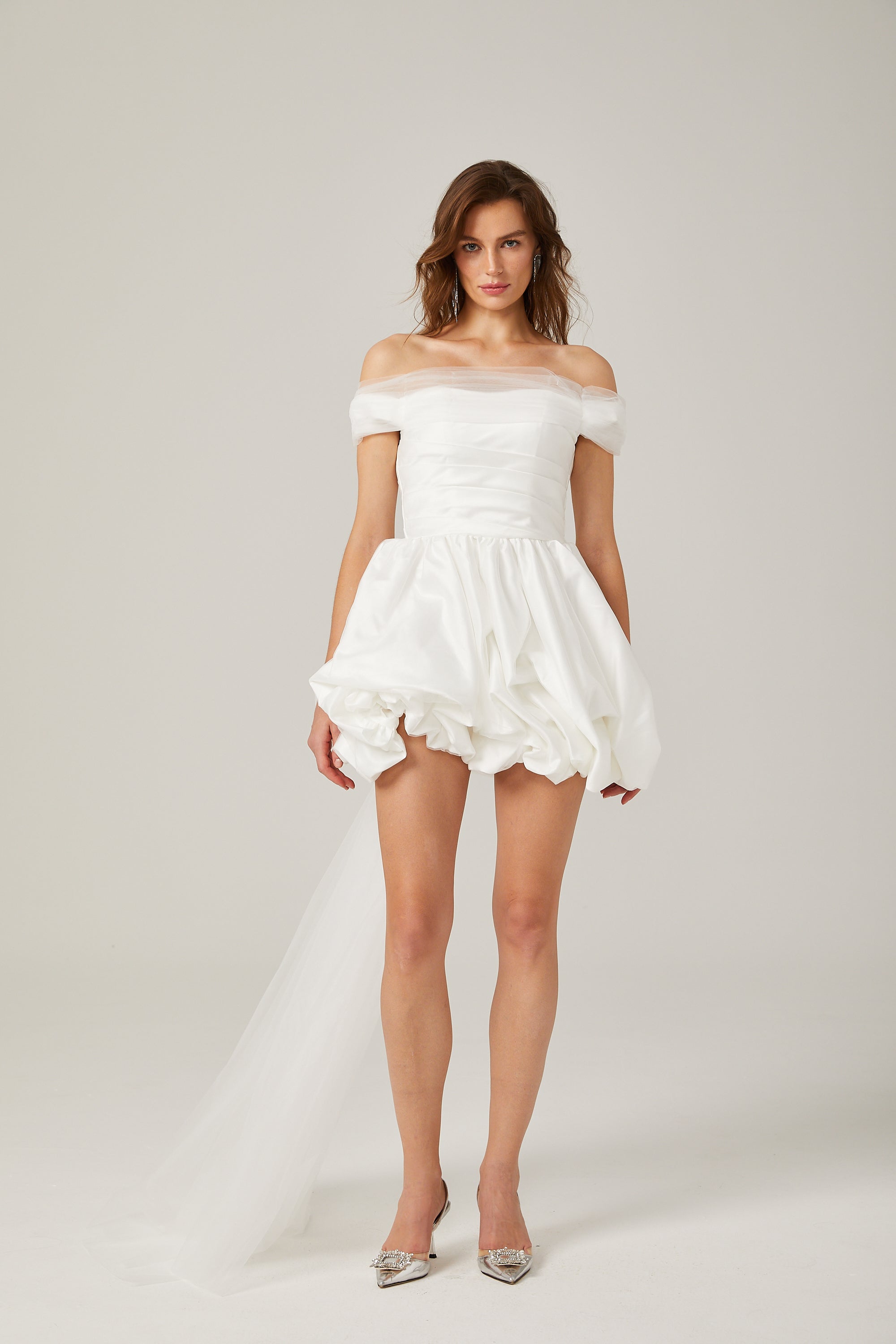 Aurore white off-shoulder bowknot mini dress