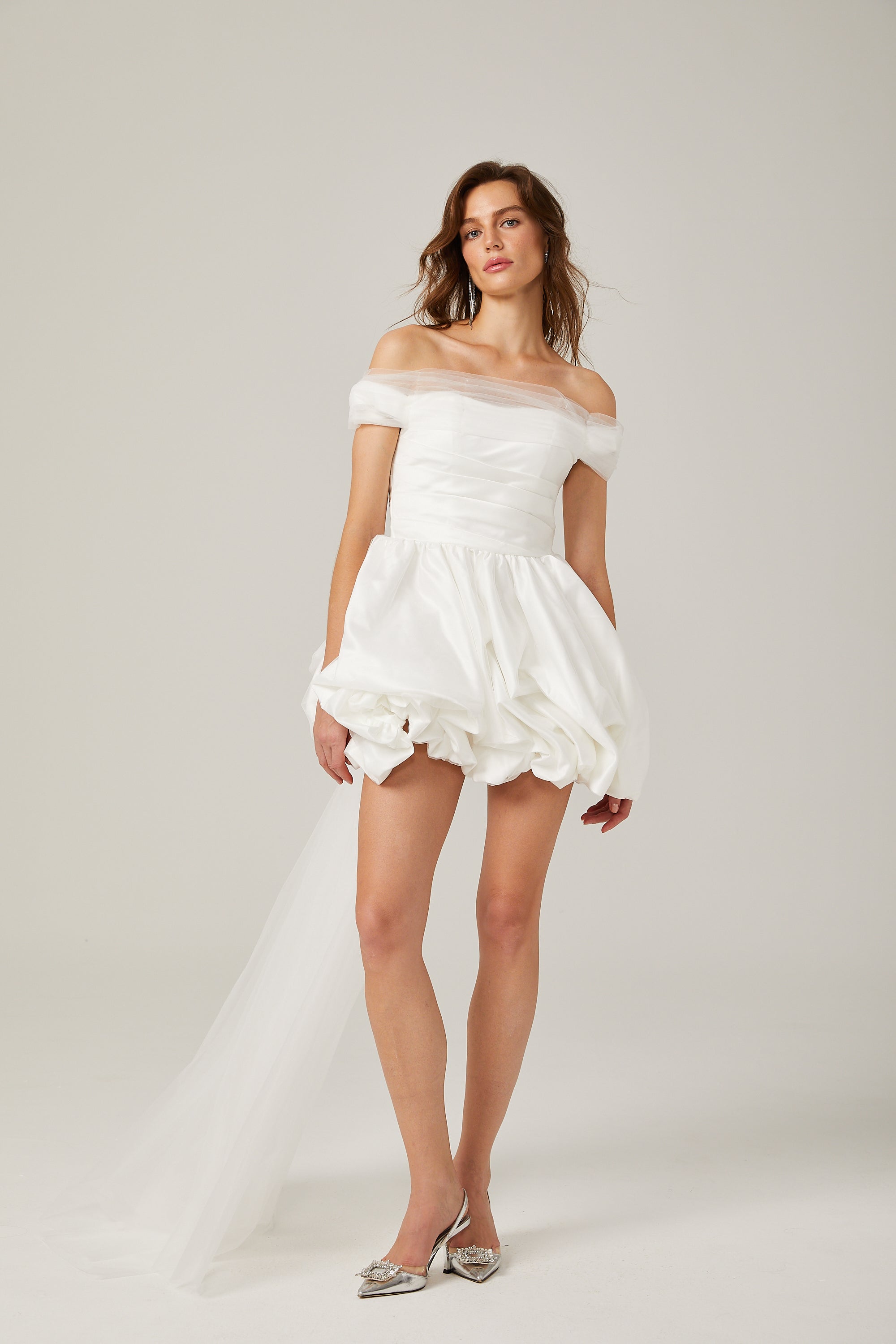 Aurore white off-shoulder bowknot mini dress