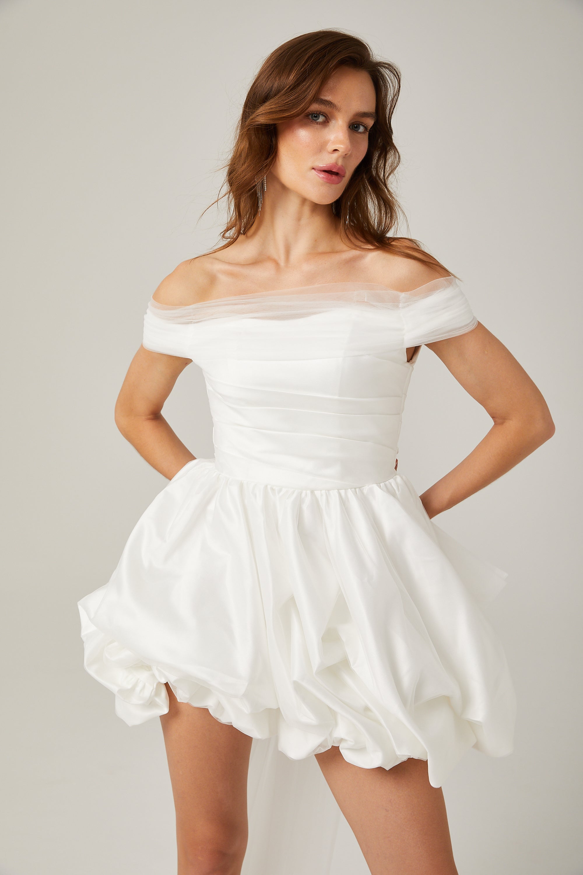 Aurore white off-shoulder bowknot mini dress