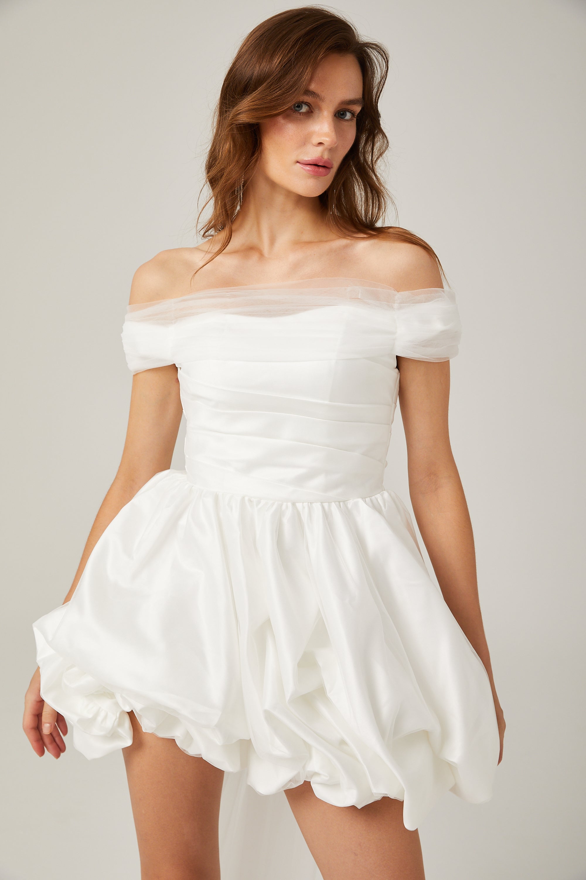 Aurore white off-shoulder bowknot mini dress