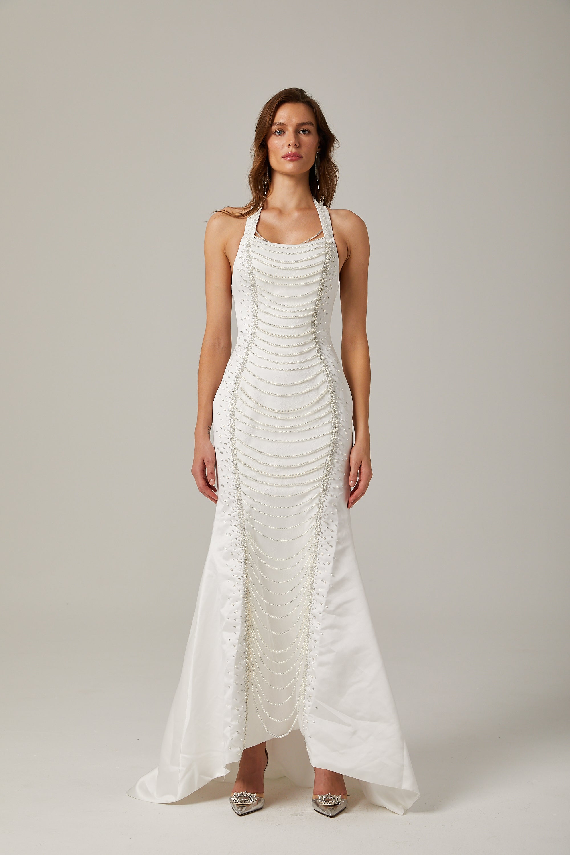 Anaïs faux-pearl halterneck maxi dress