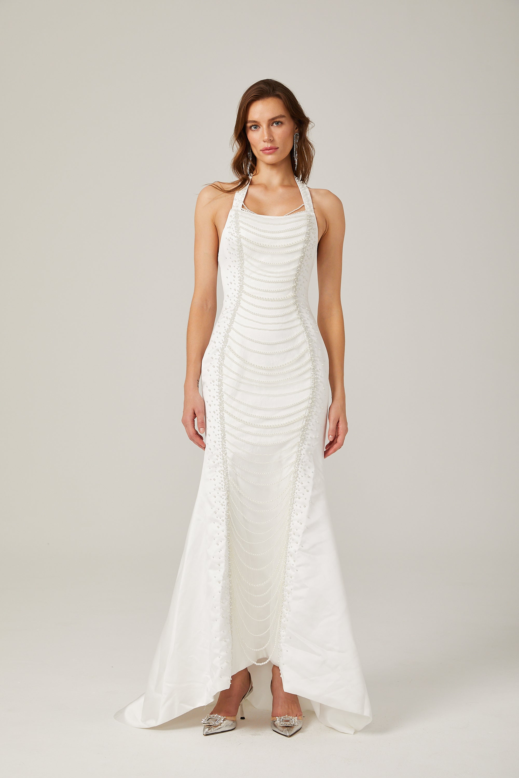 Anaïs faux-pearl halterneck maxi dress