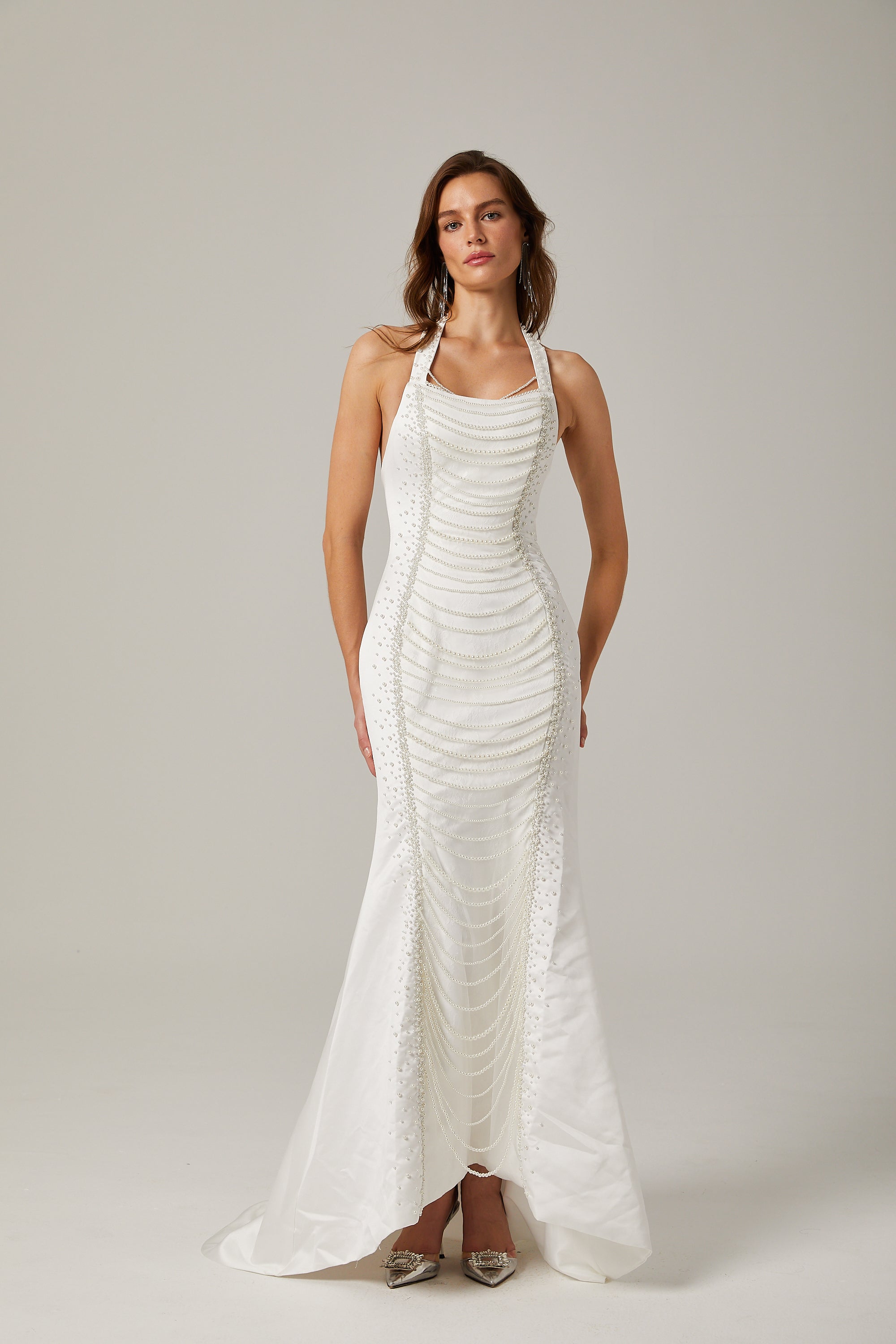 Anaïs faux-pearl halterneck maxi dress