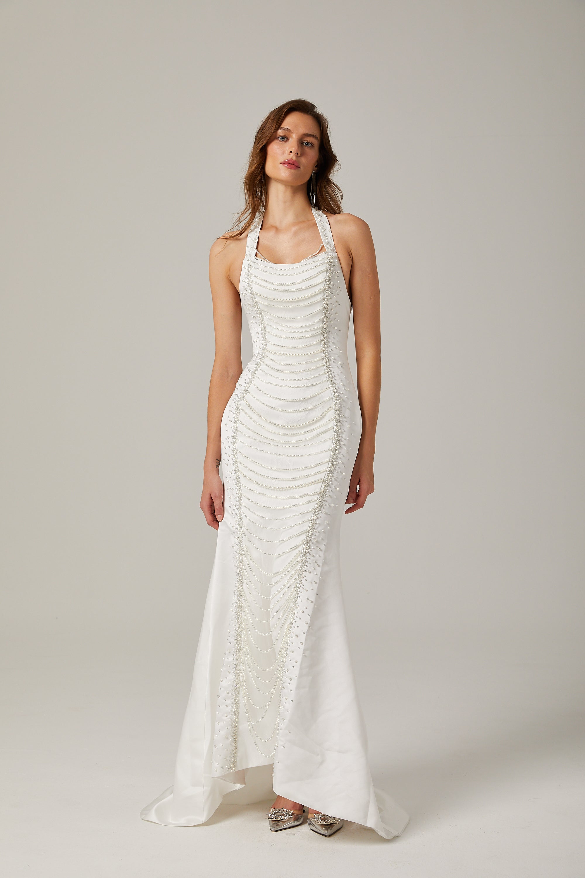 Anaïs faux-pearl halterneck maxi dress