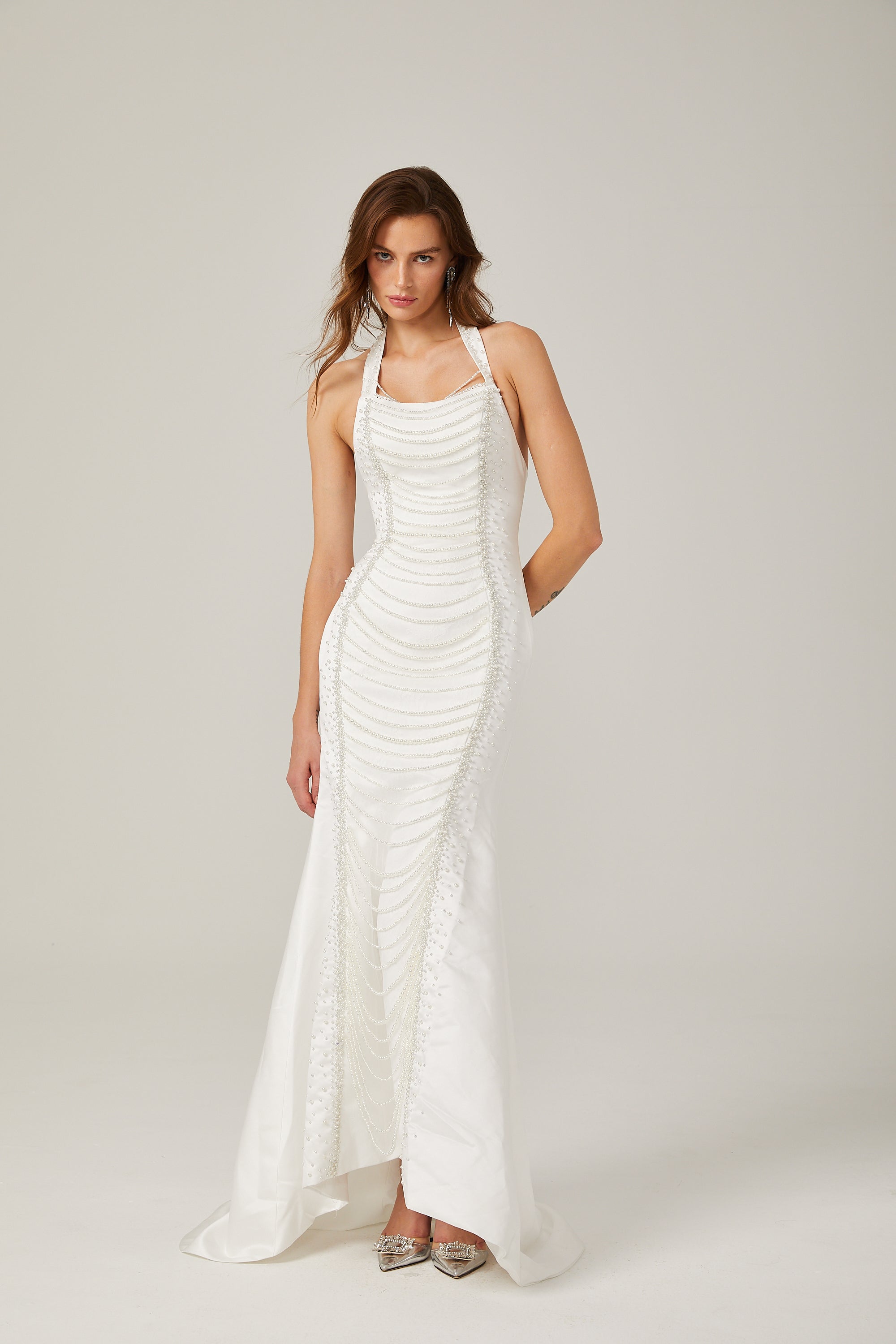 Anaïs faux-pearl halterneck maxi dress