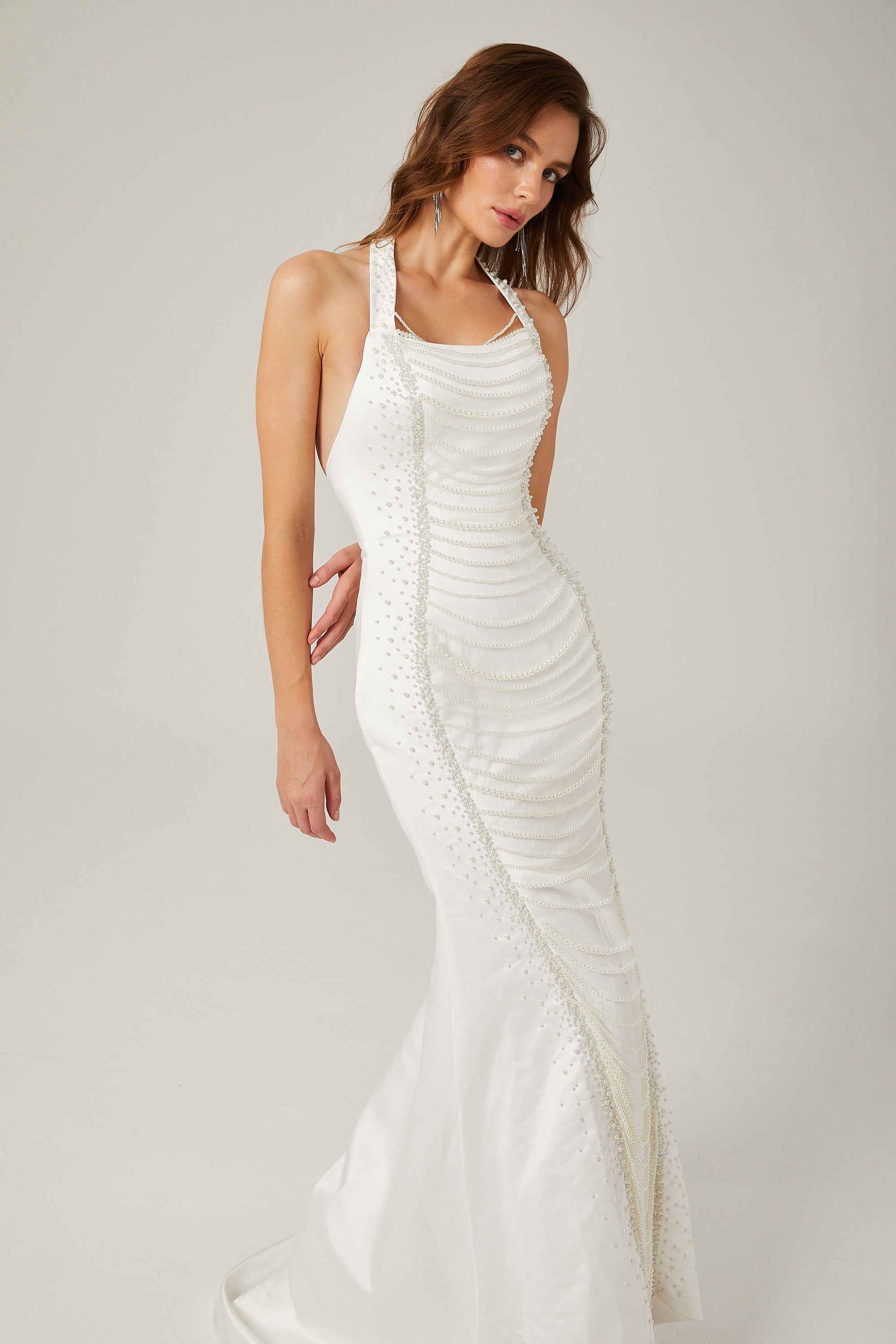 Anaïs faux-pearl halterneck maxi dress