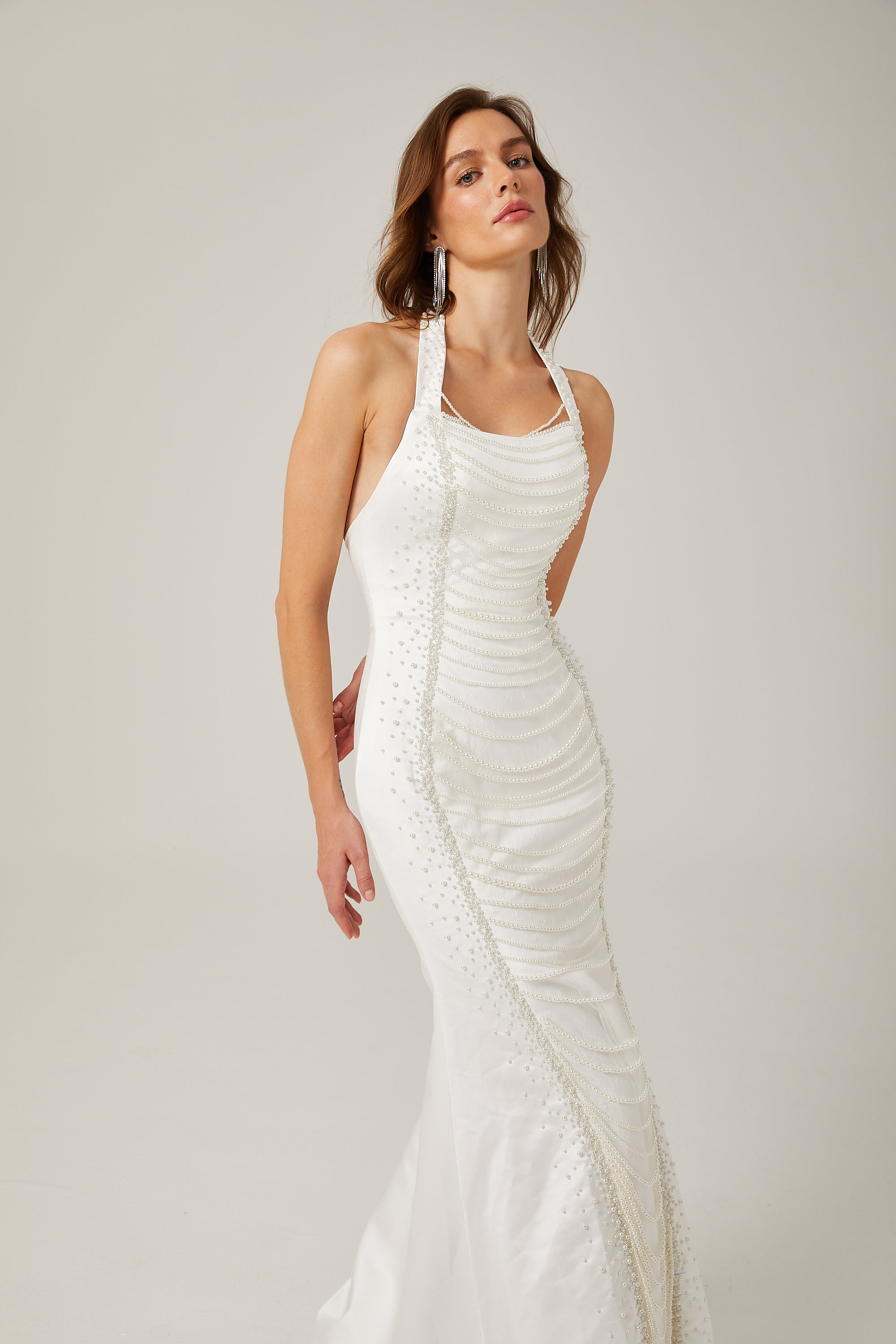 Anaïs faux-pearl halterneck maxi dress