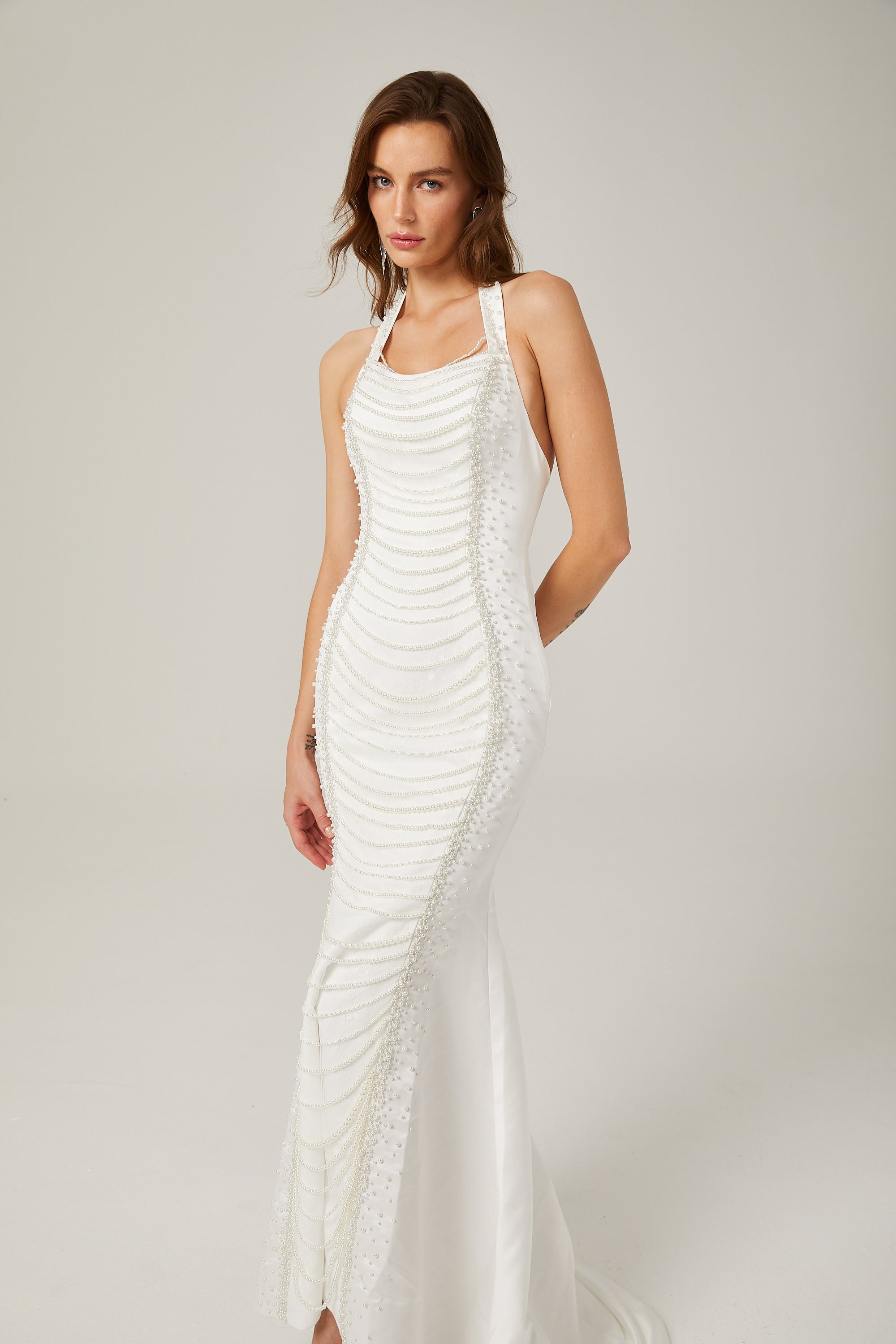 Anaïs faux-pearl halterneck maxi dress