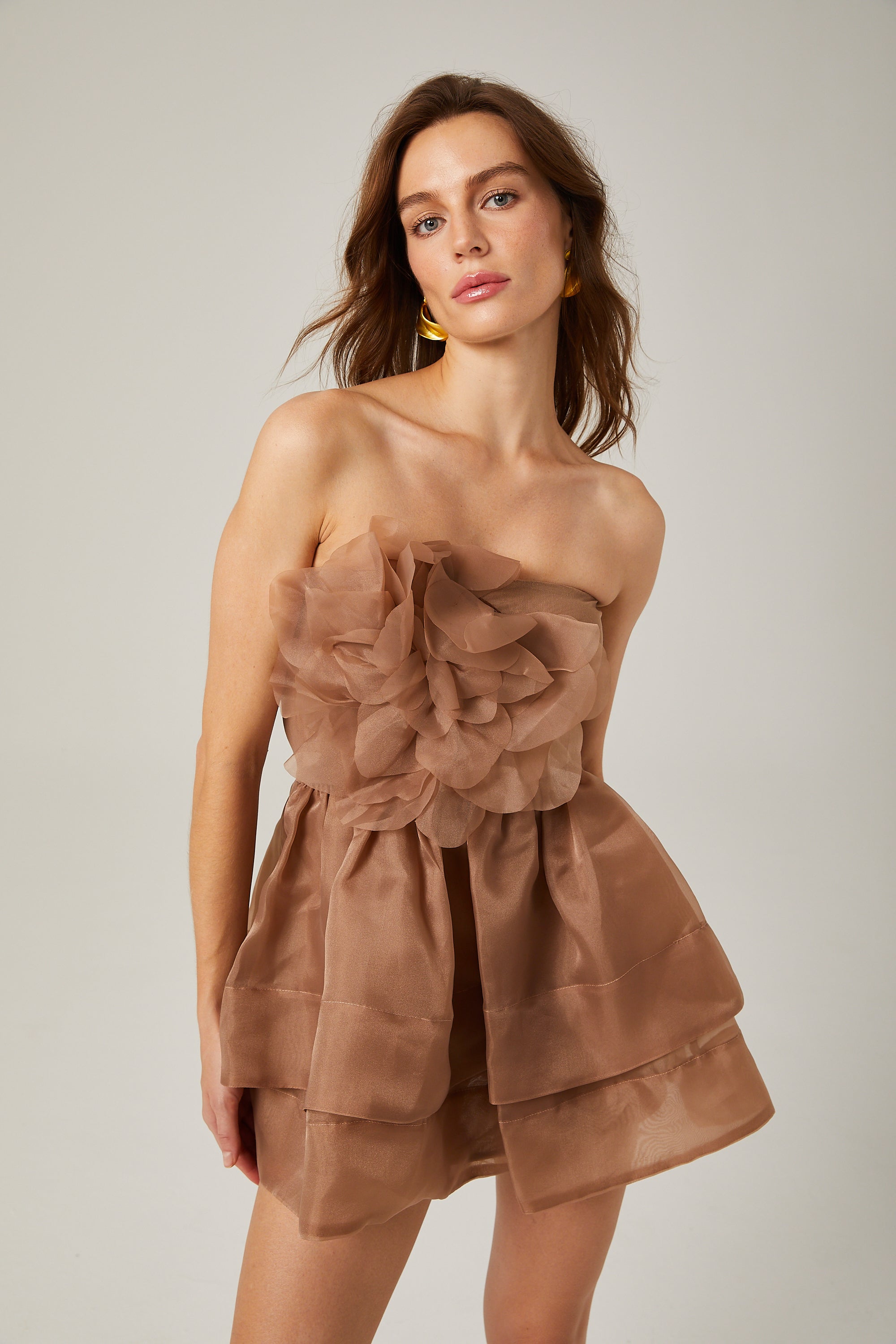 Liliane brown floral tulle mini dress