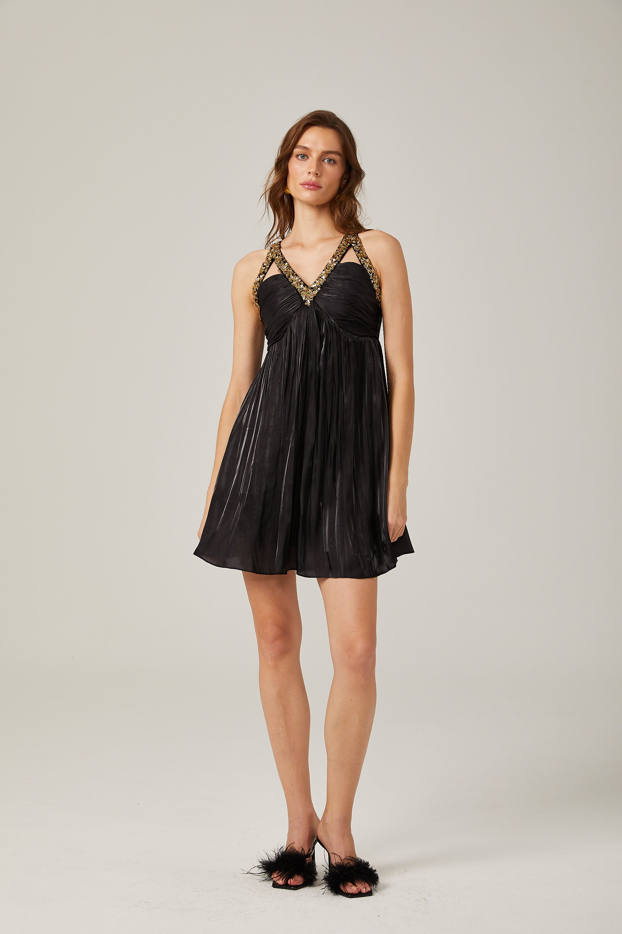 Therese black embellished satin mini dress