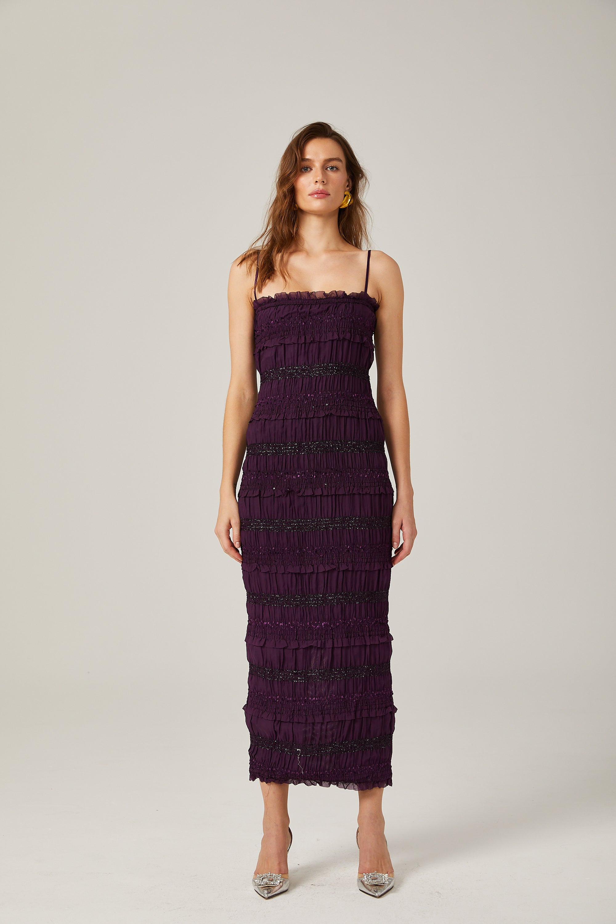 Zélie purple sequinned pleated midi dress