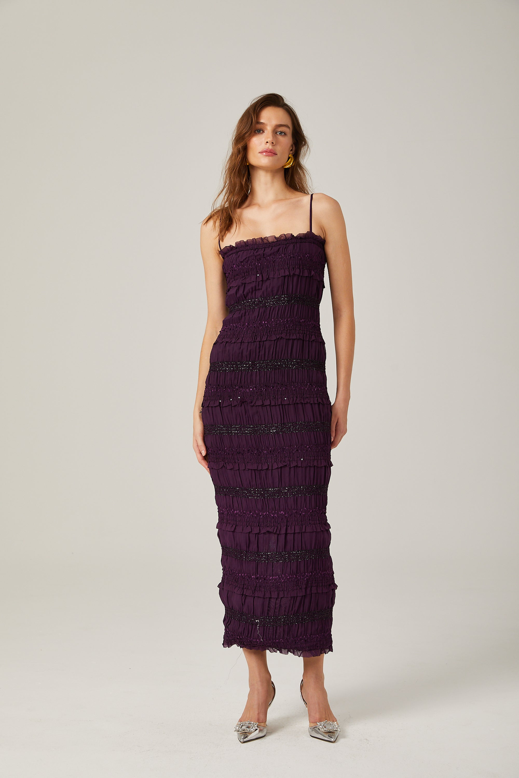 Zélie purple sequinned pleated midi dress