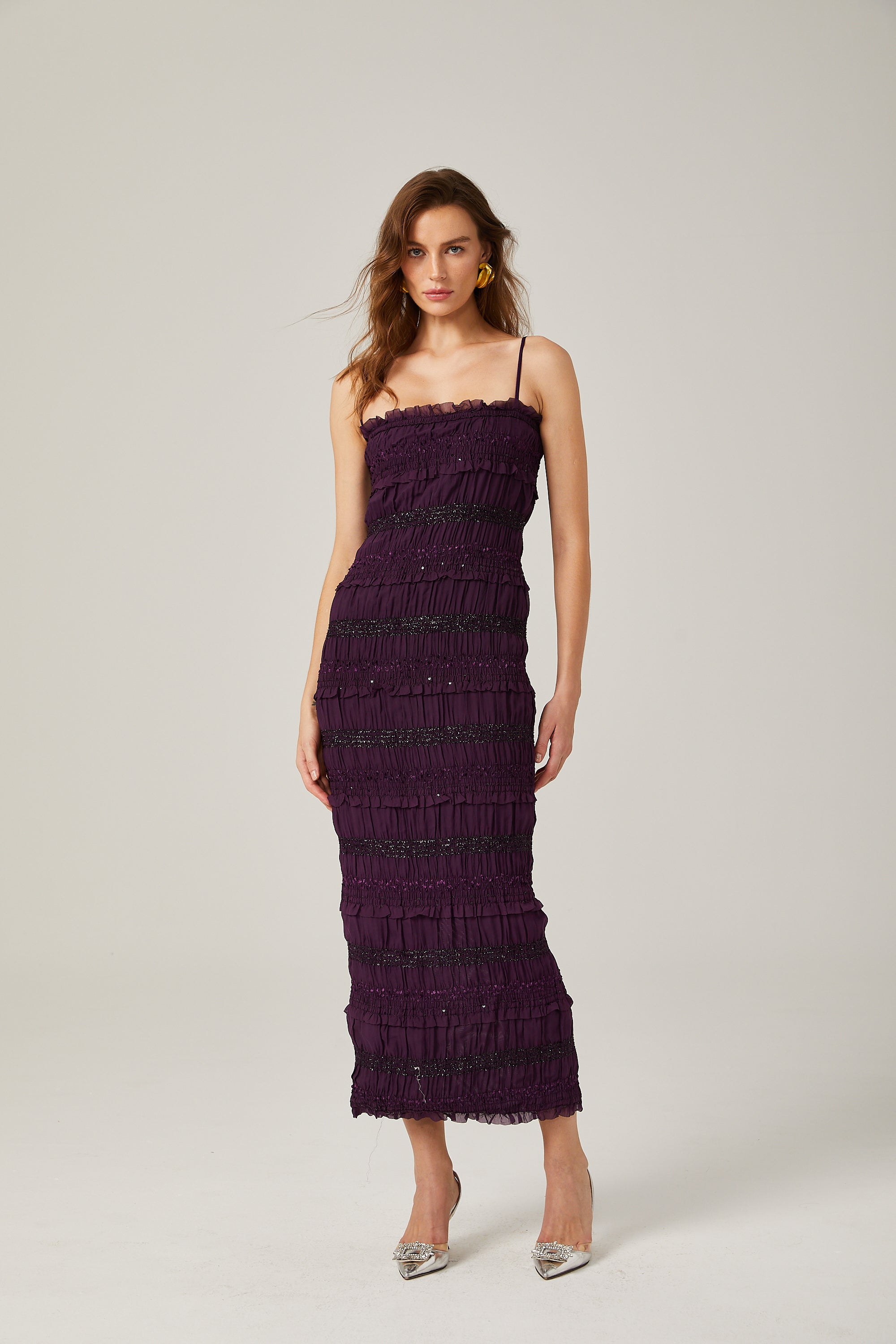 Zélie purple sequinned pleated midi dress