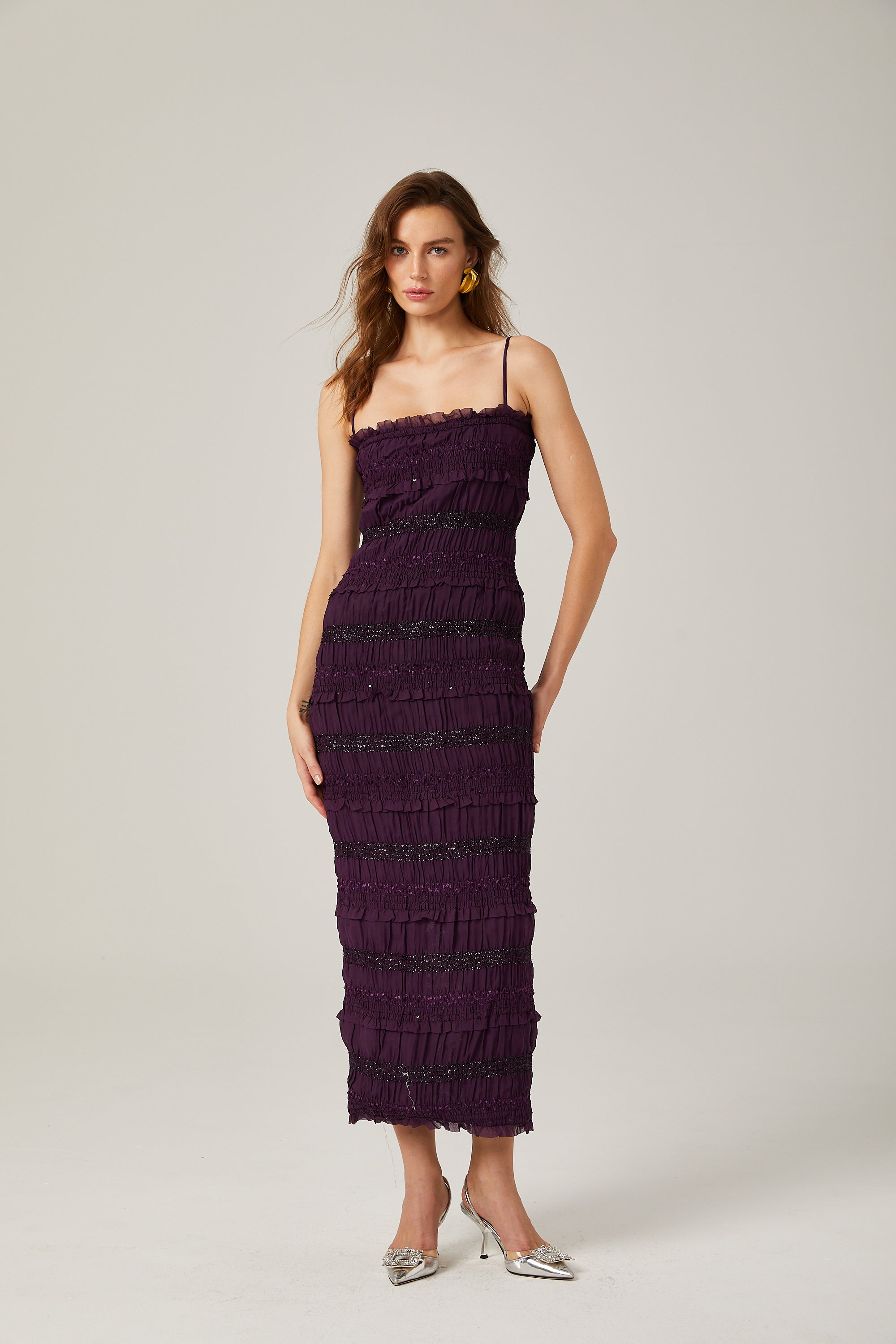 Zélie purple sequinned pleated midi dress