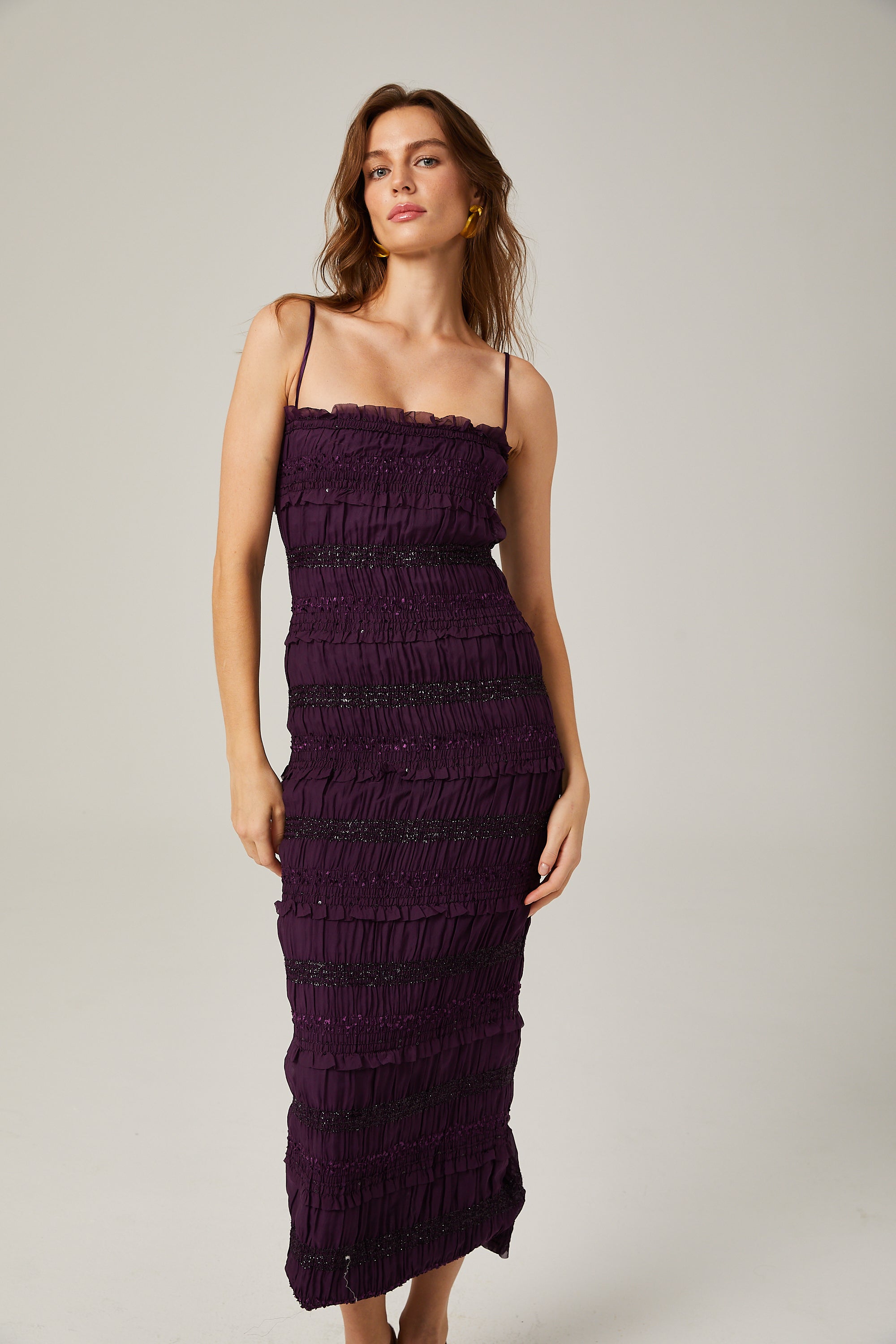 Zélie purple sequinned pleated midi dress