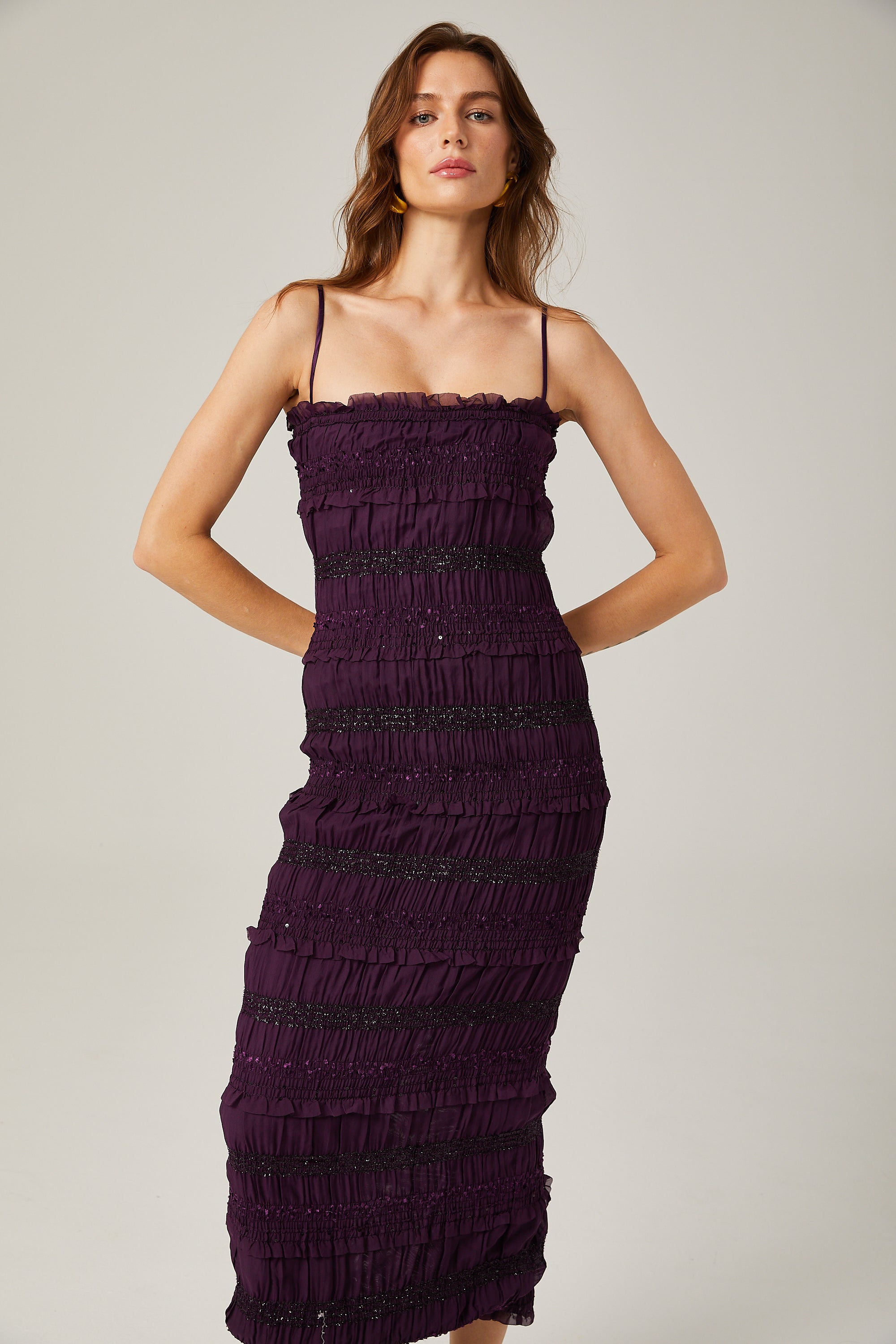 Zélie purple sequinned pleated midi dress