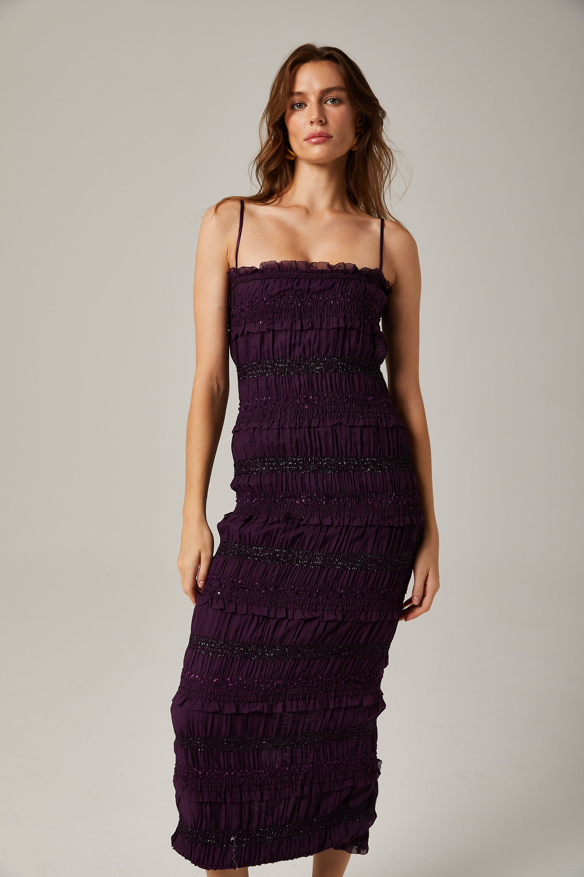 Zélie purple sequinned pleated midi dress