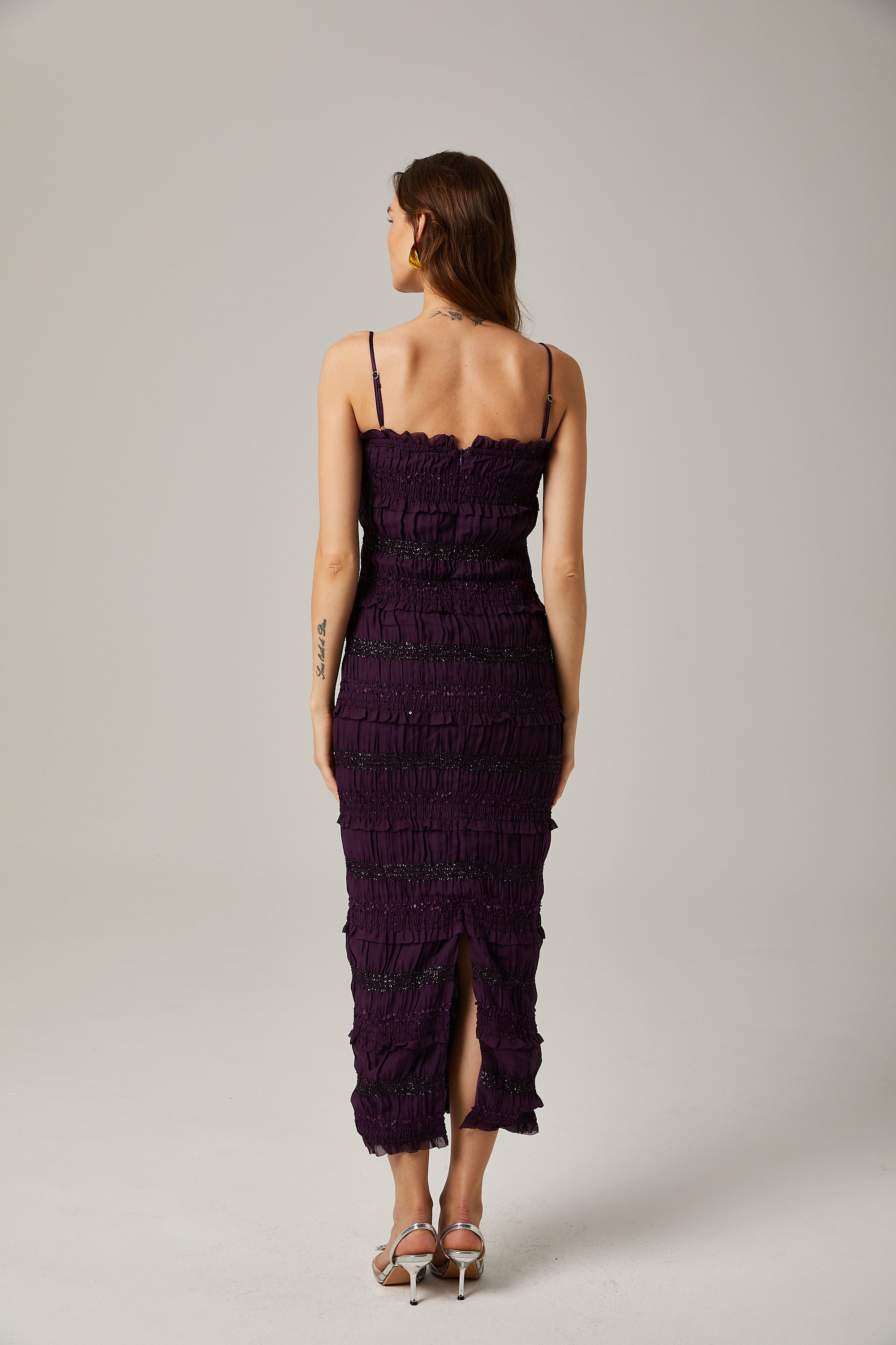 Zélie purple sequinned pleated midi dress