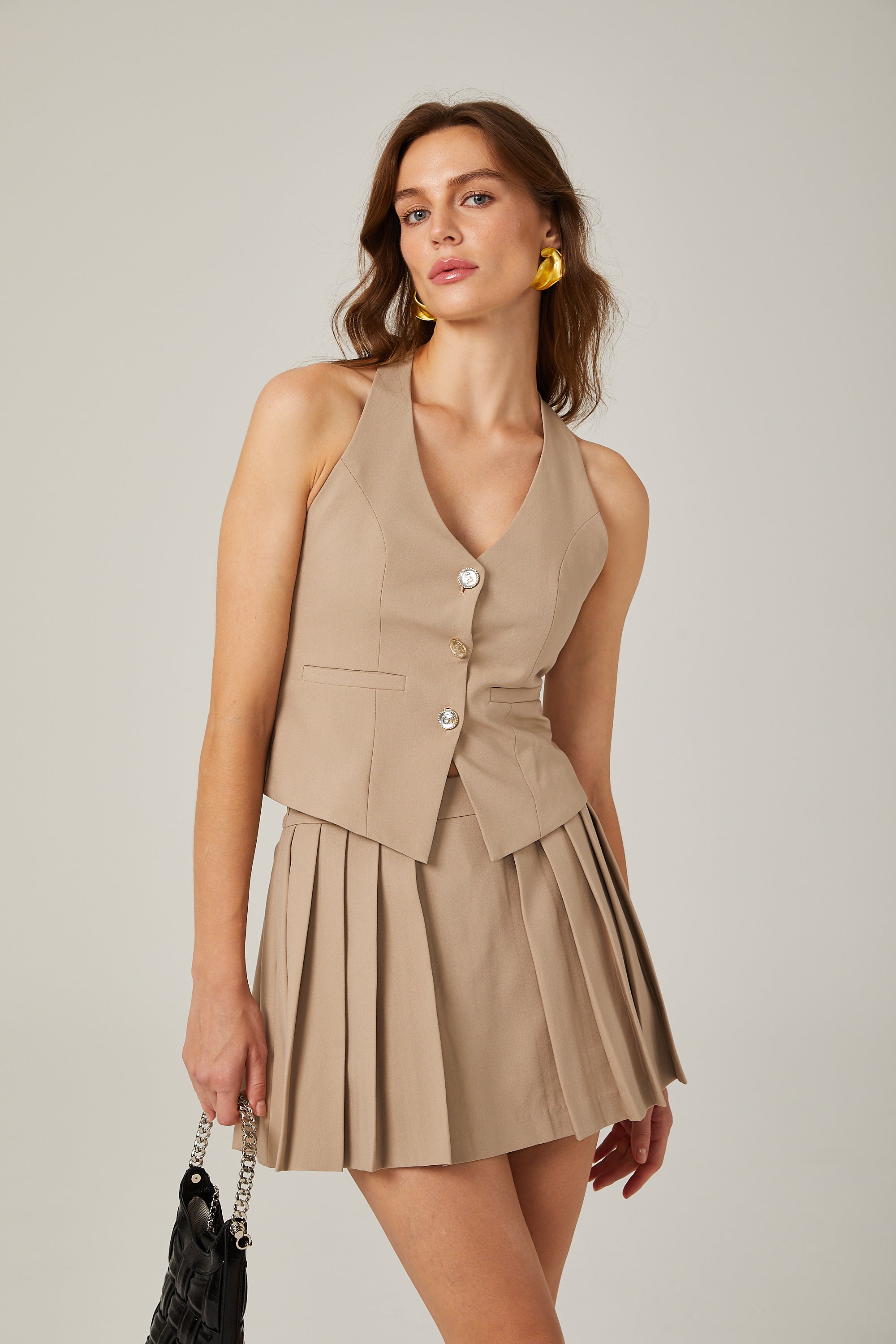 Marcella khaki bowknot top & skirt matching set