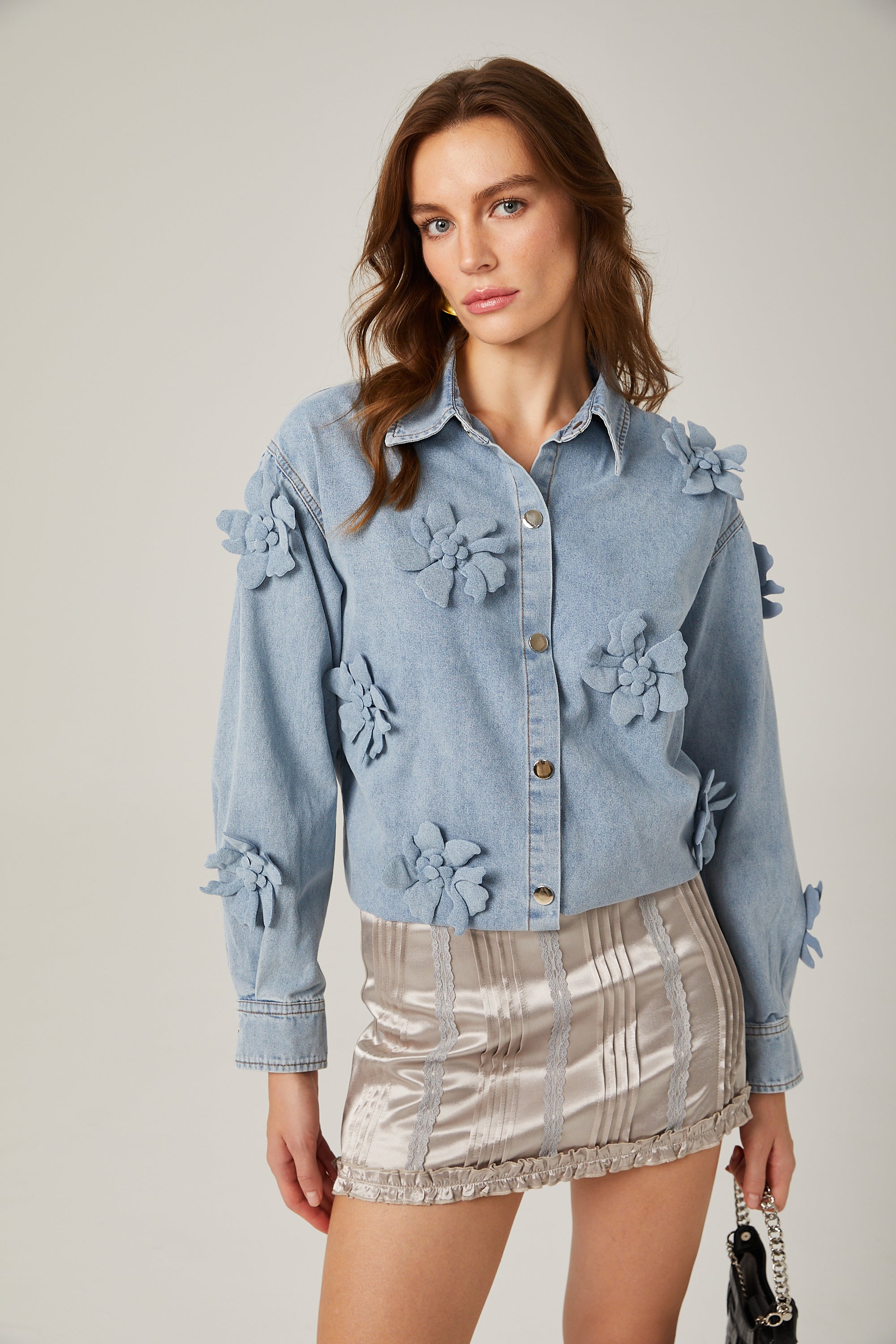 Armelle floral-appliqué denim shirt