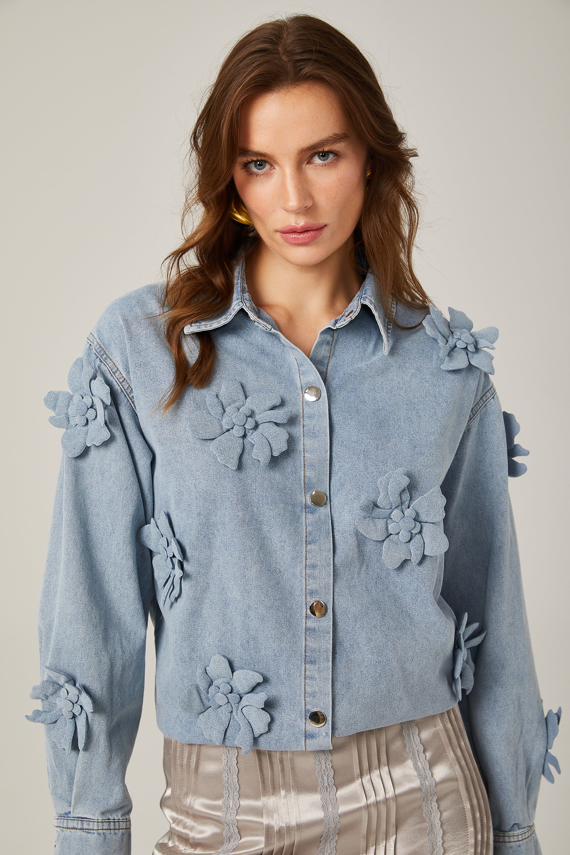 Armelle floral-appliqué denim shirt