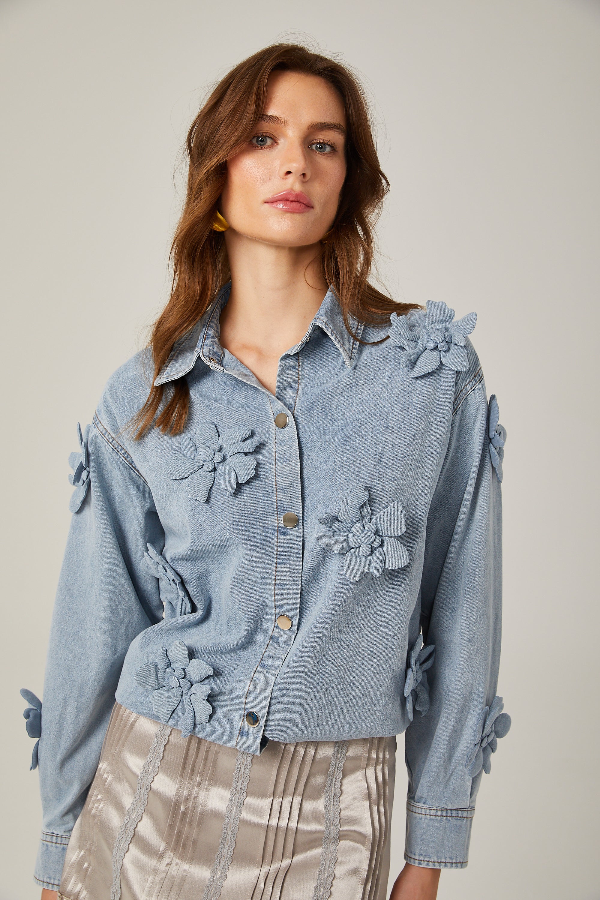 Armelle floral-appliqué denim shirt