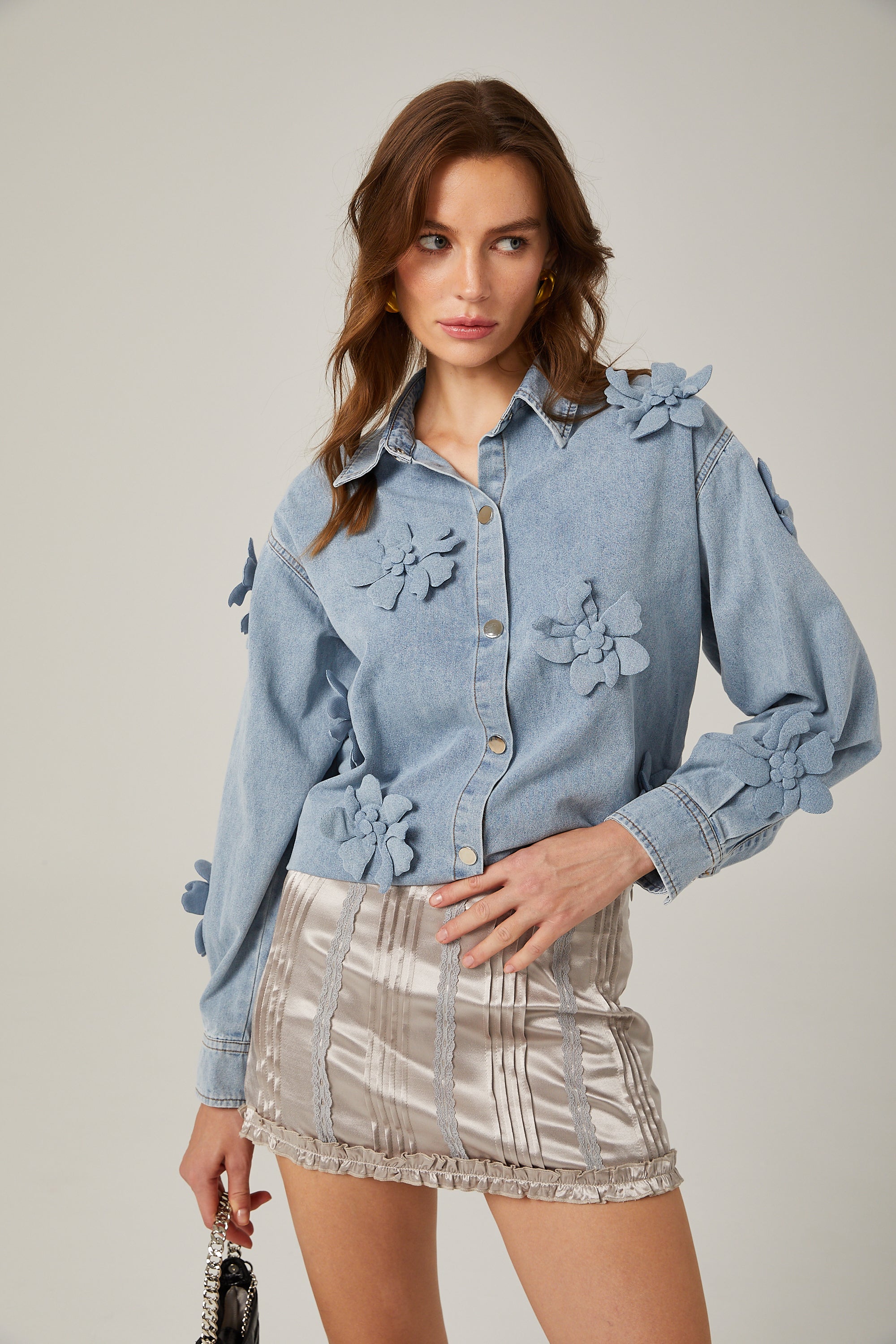 Armelle floral-appliqué denim shirt