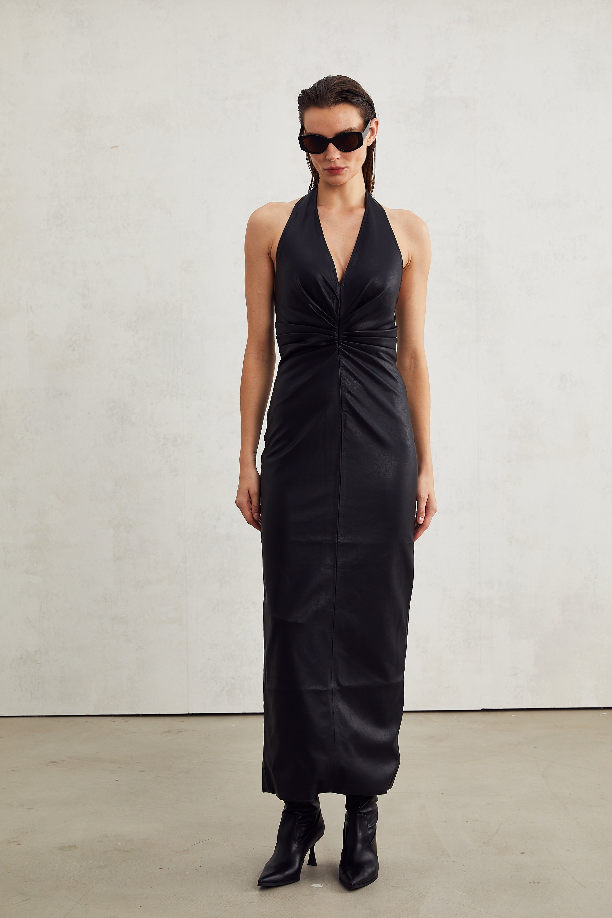 Lucienne black leather halterneck midi dress