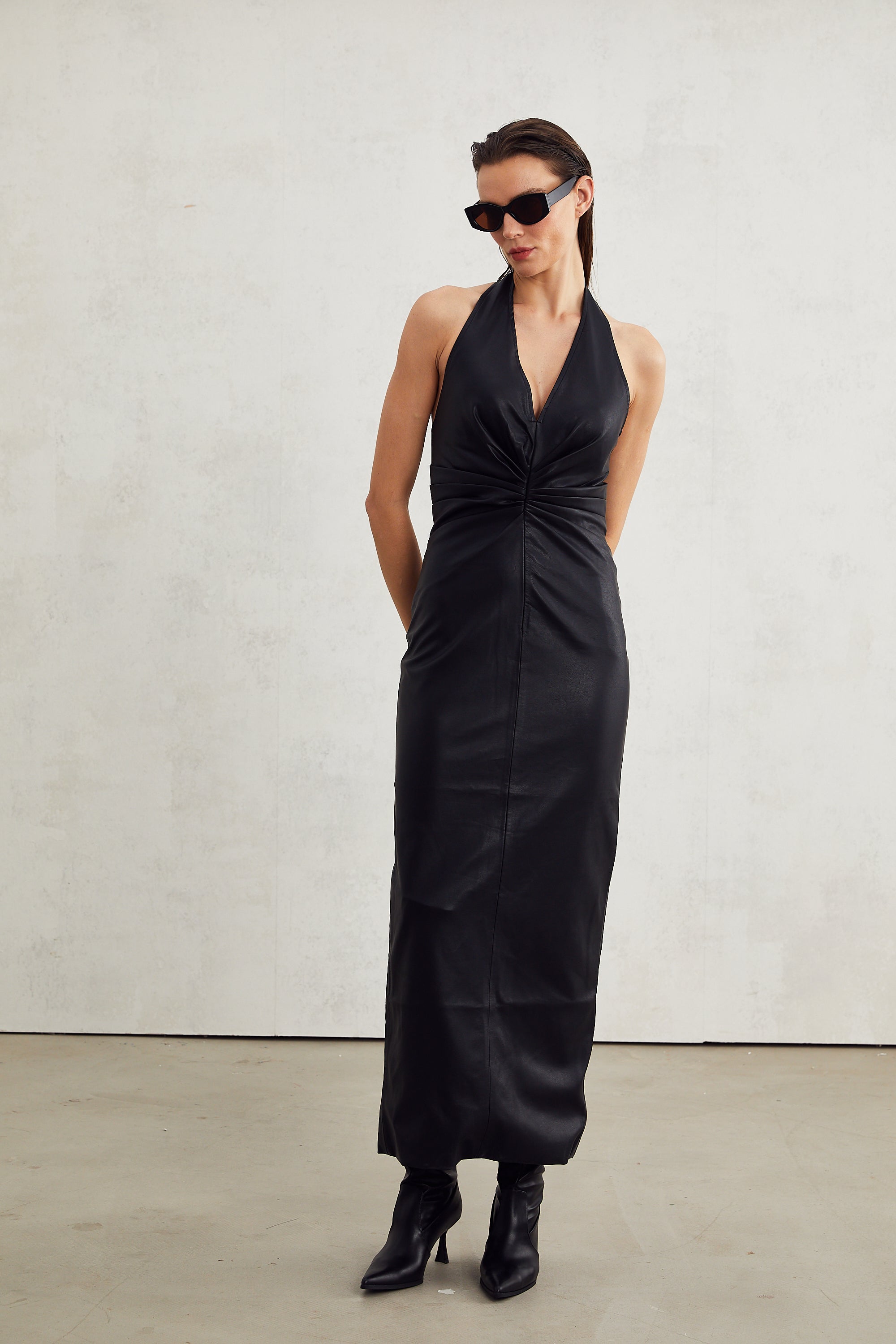 Lucienne black leather halterneck midi dress