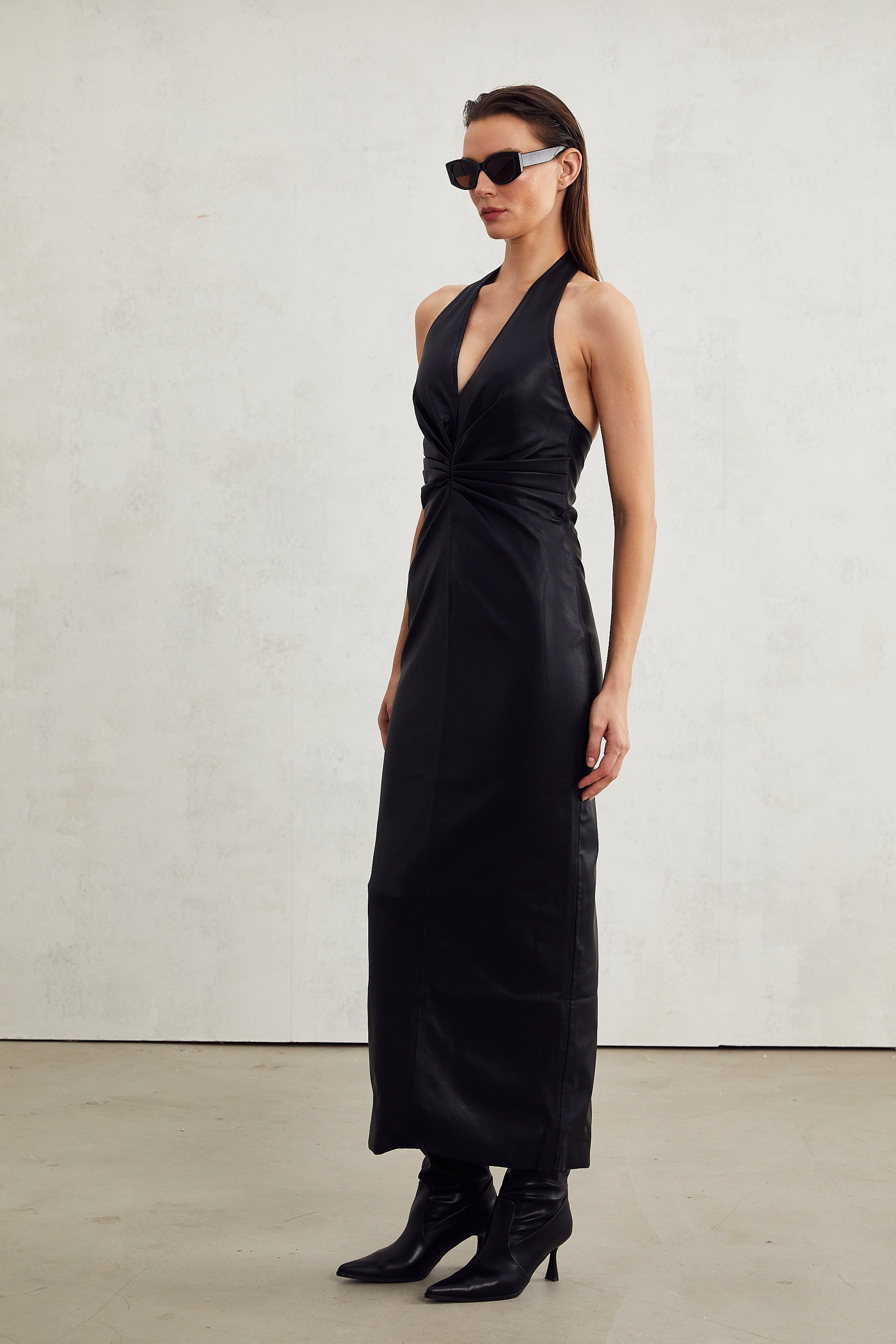 Lucienne black leather halterneck midi dress