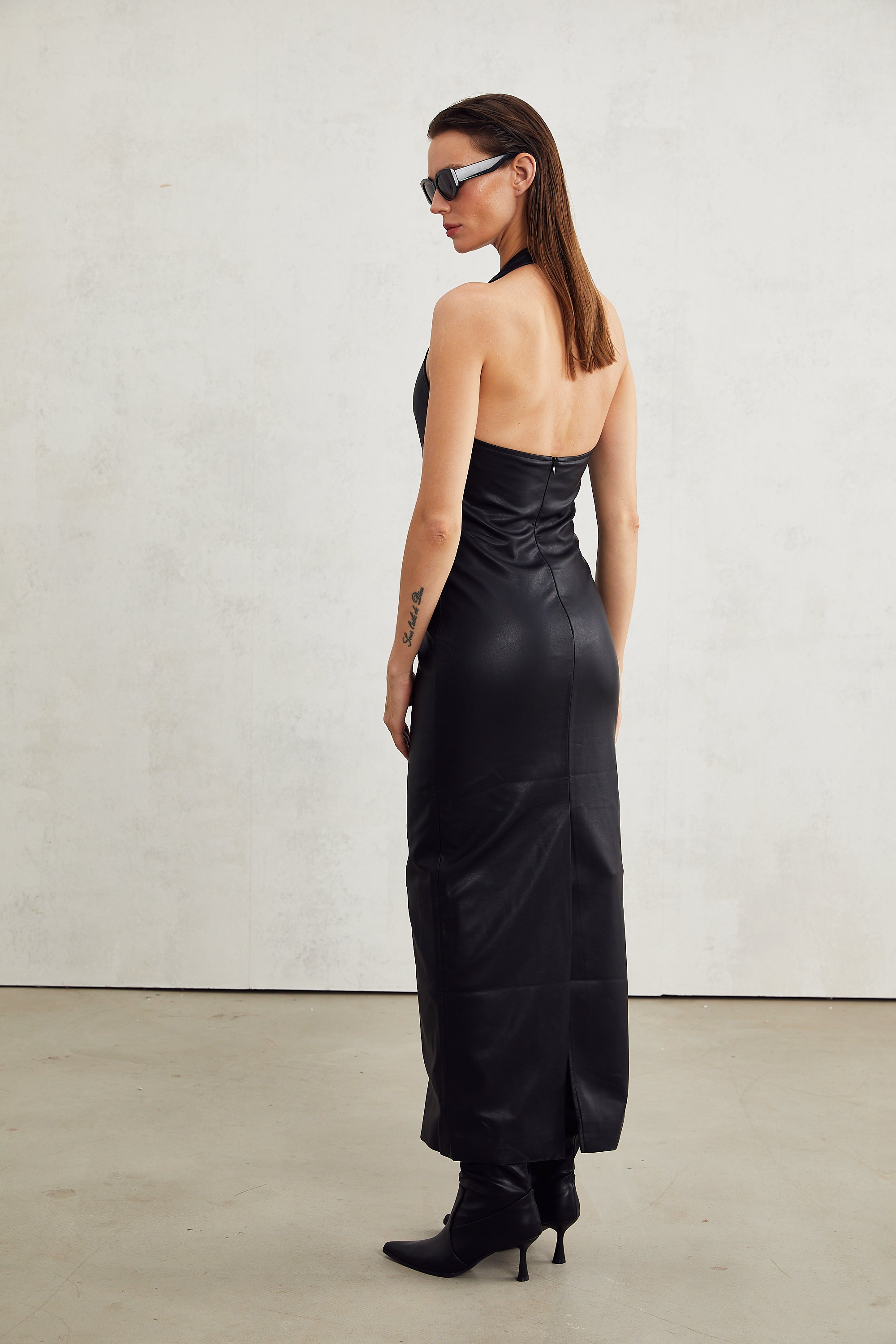 Lucienne black leather halterneck midi dress