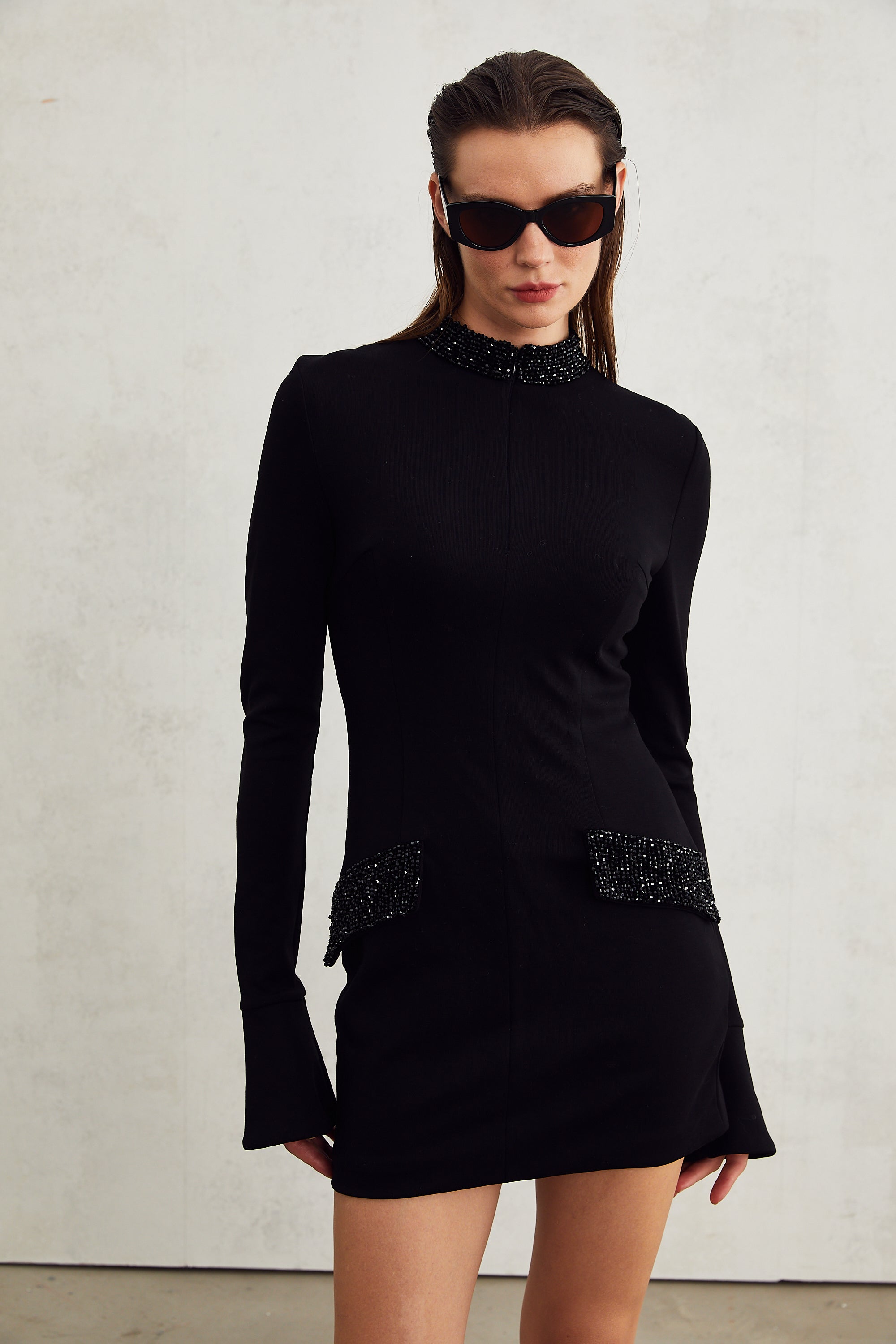 Gaëlle black embellished long-sleeved dress