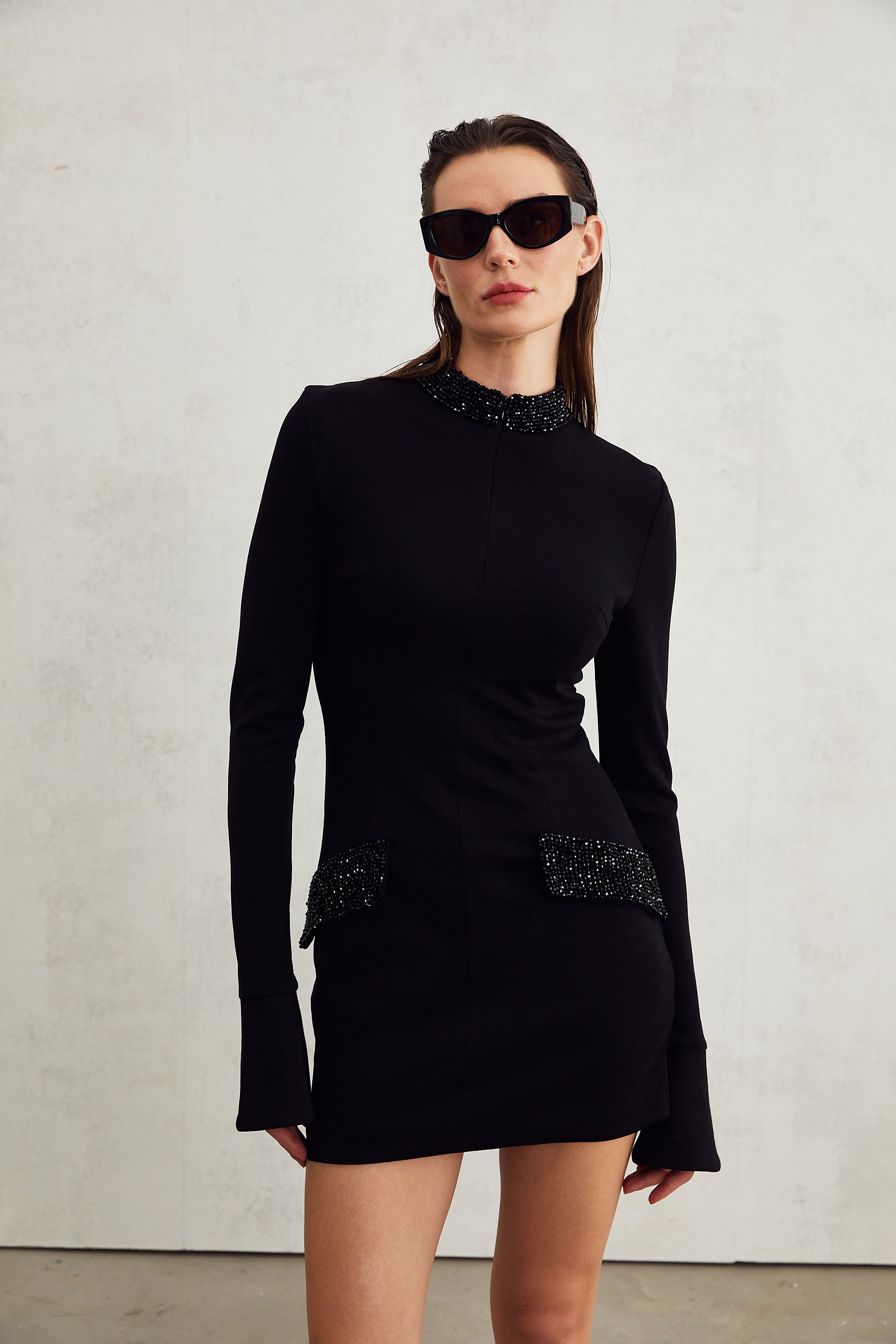 Gaëlle black embellished long-sleeved dress