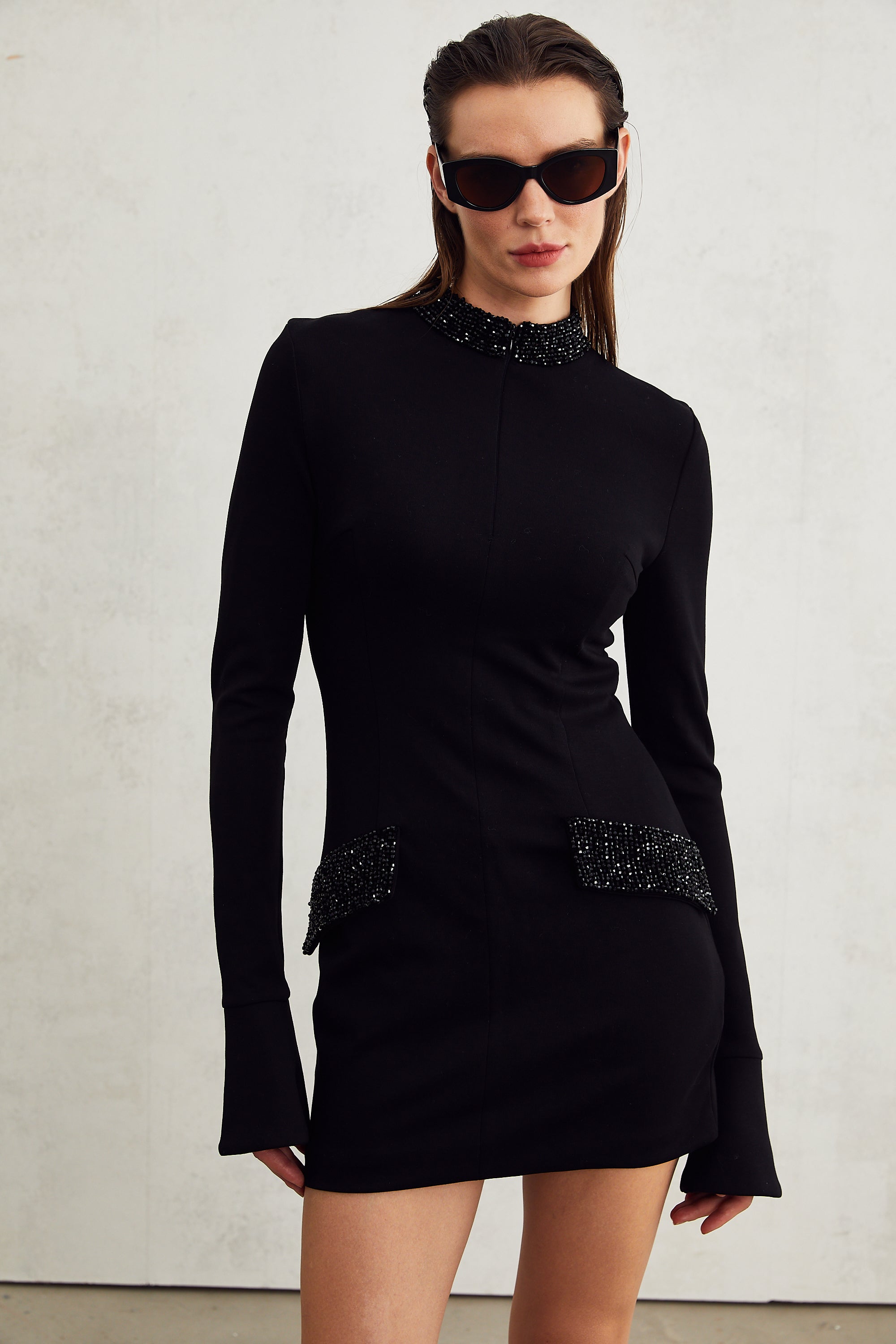 Gaëlle black embellished long-sleeved dress