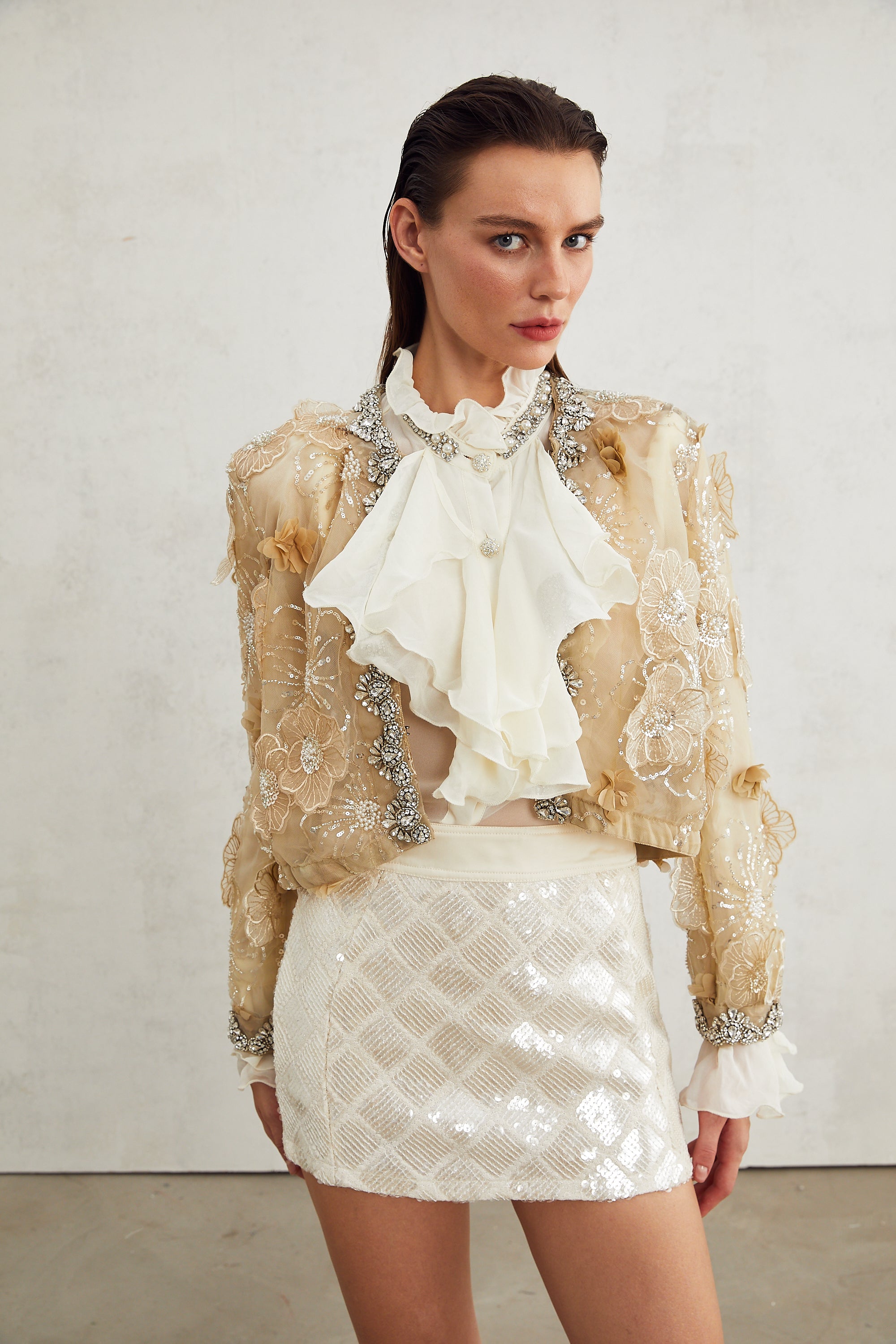 Liane semi-sheer flower beaded organza light luxury jacket