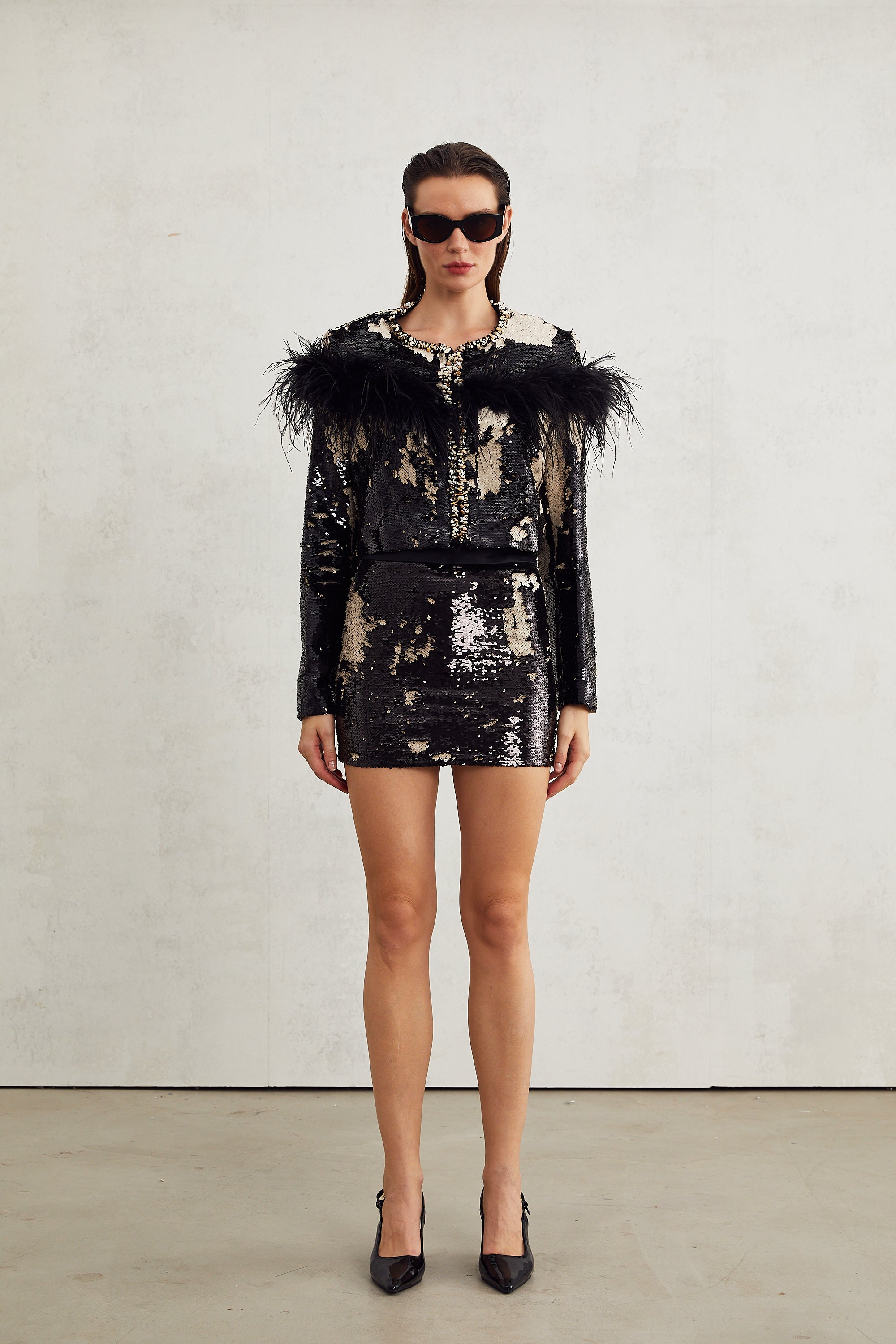 Magali feather-embellished sequin short jacket