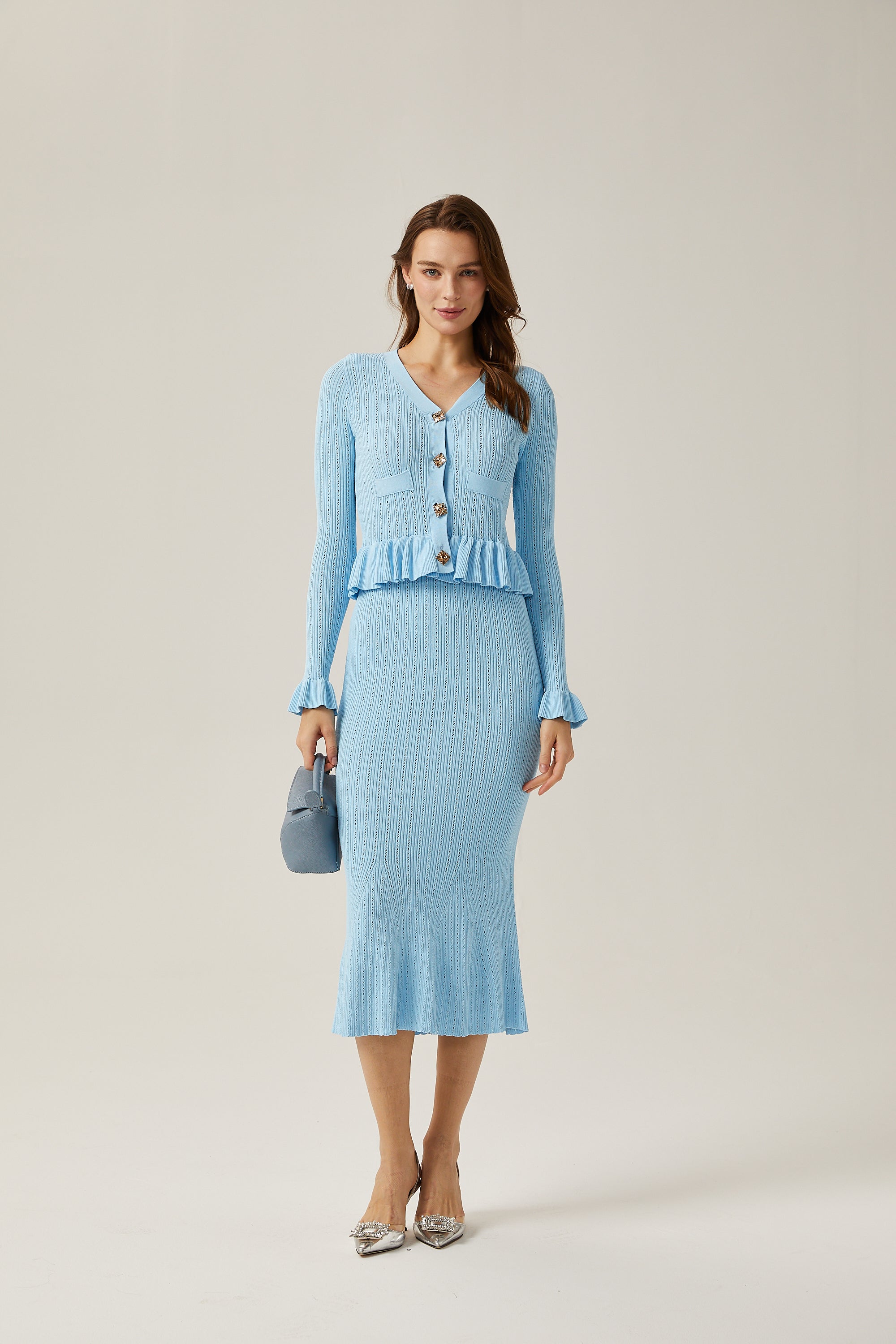 Gabrielle blue ruffled knitted midi dress