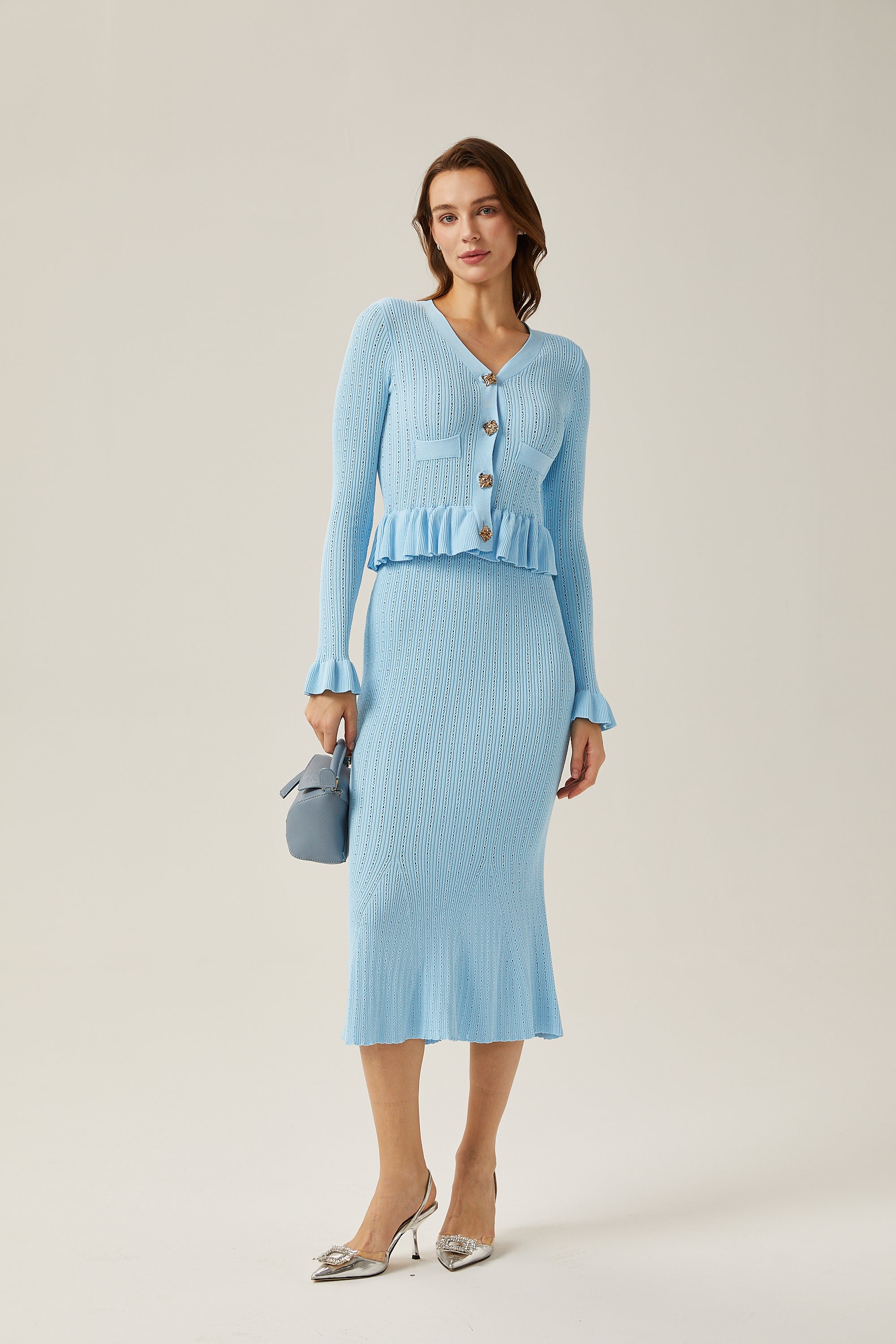 Gabrielle blue ruffled knitted midi dress