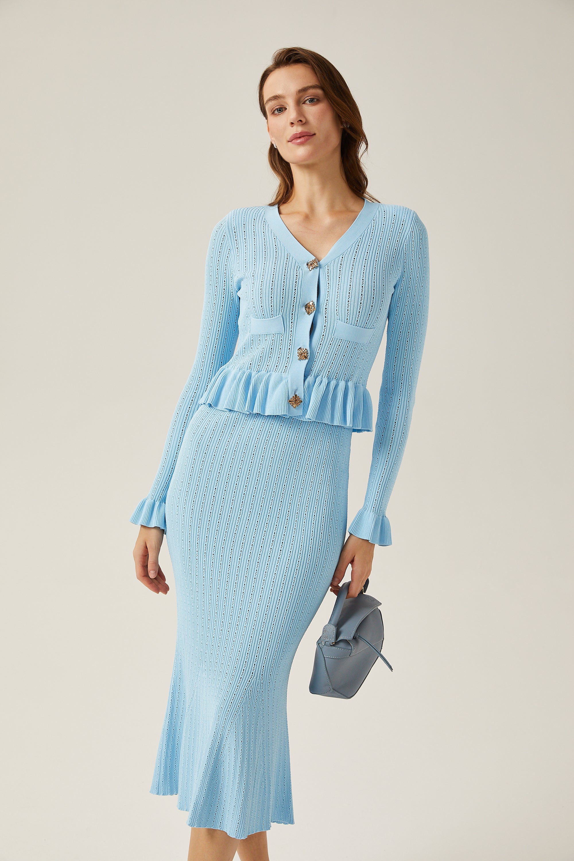 Gabrielle blue ruffled knitted midi dress