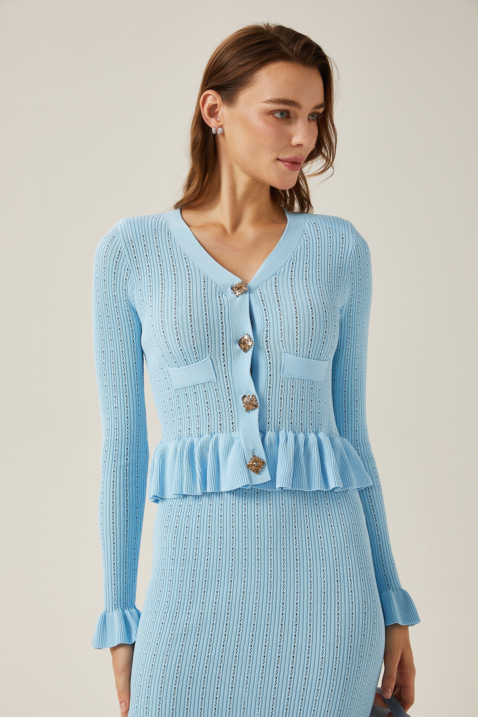 Gabrielle blue flared knitted midi dress