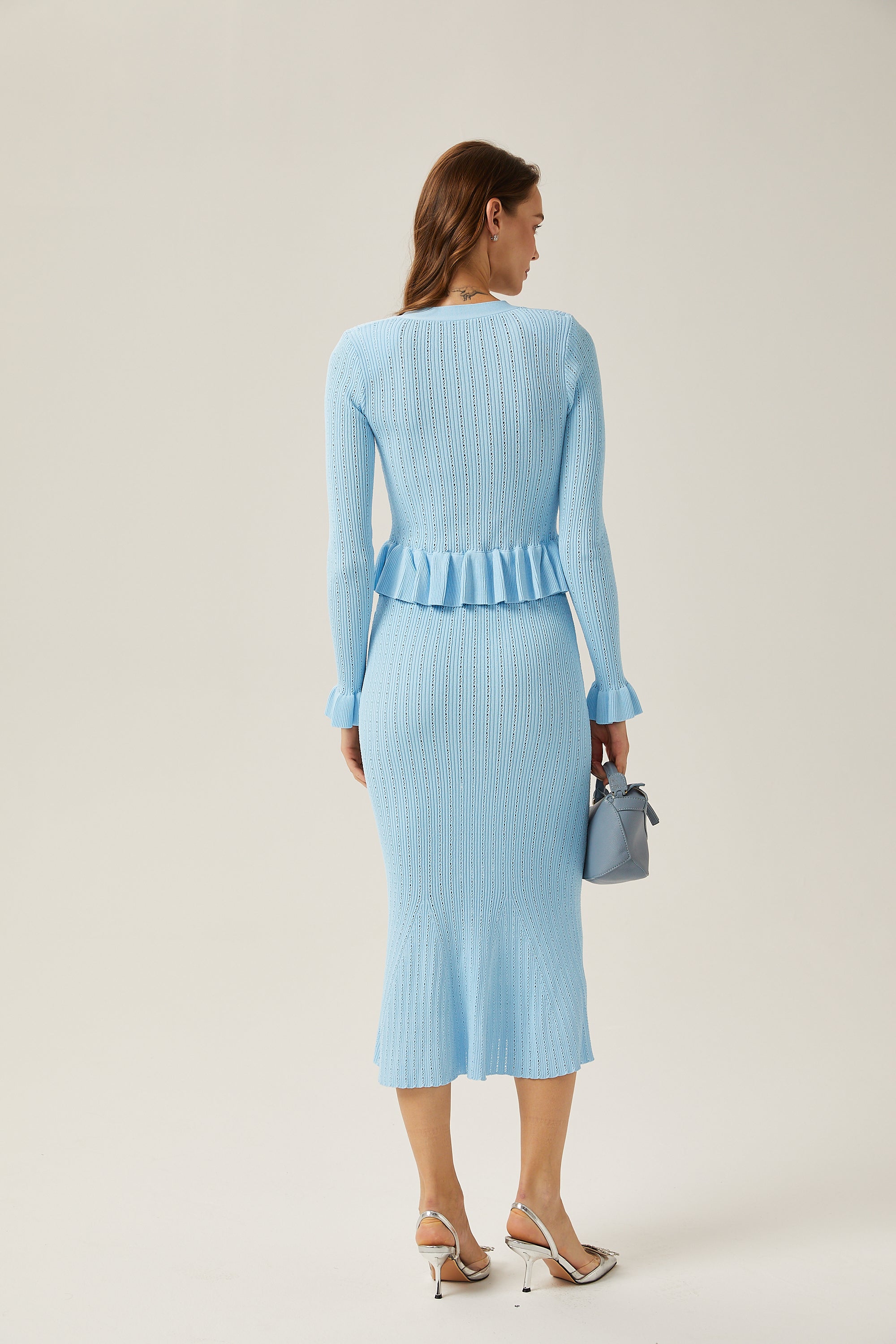 Gabrielle blue flared knitted top & skirt matching set