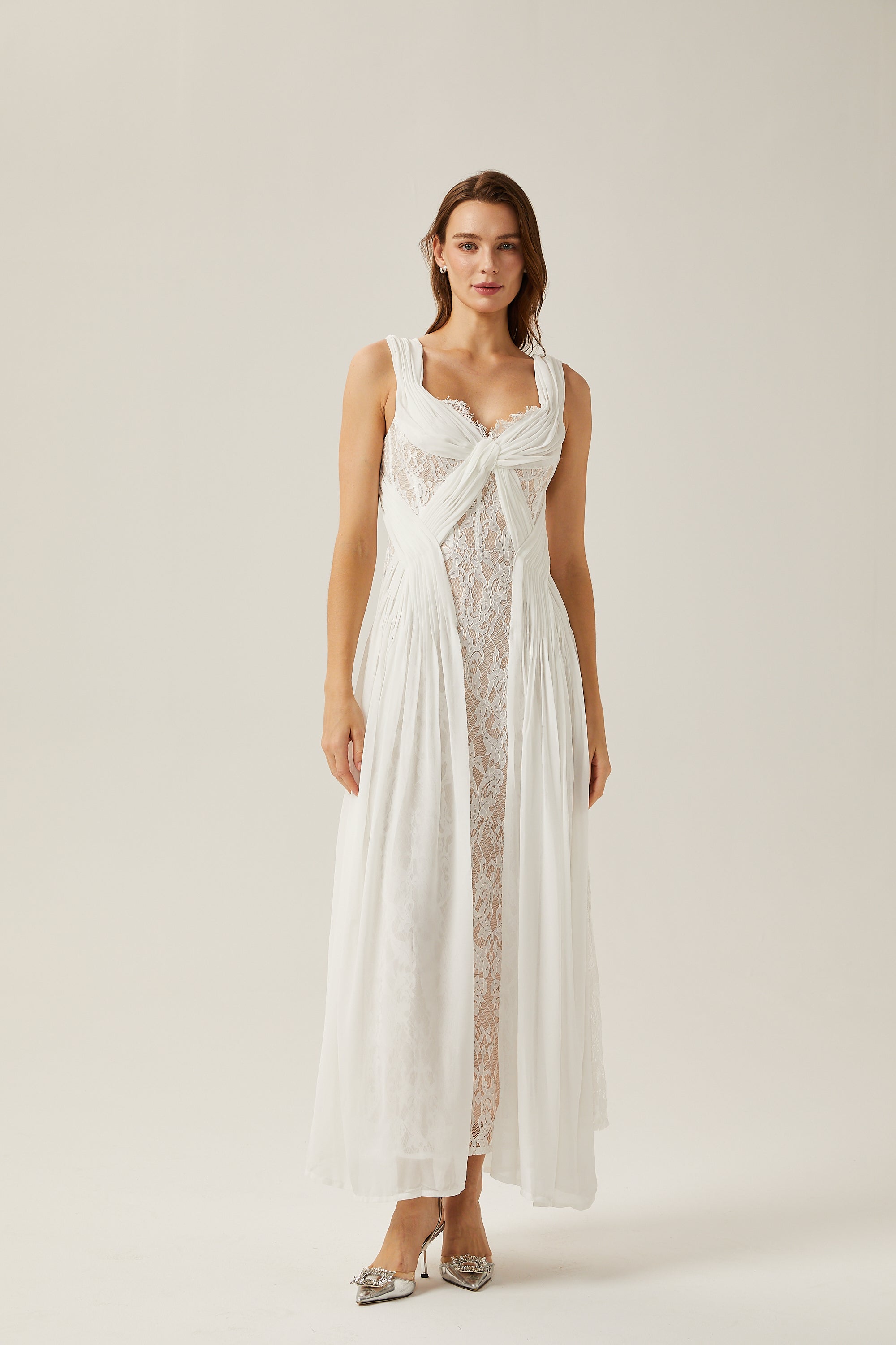 Arantxa white lace pleated maxi dress