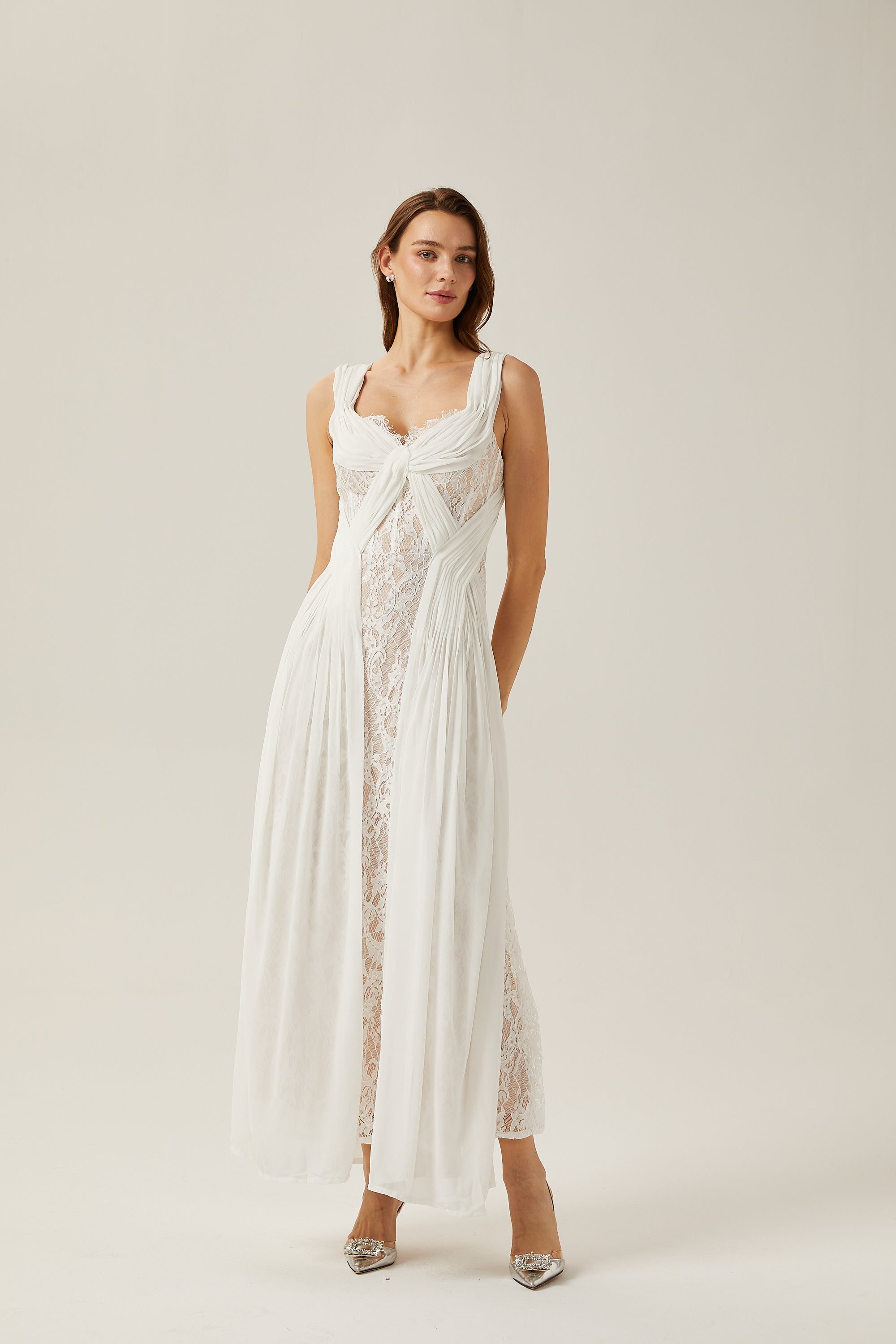 Arantxa white lace pleated maxi dress