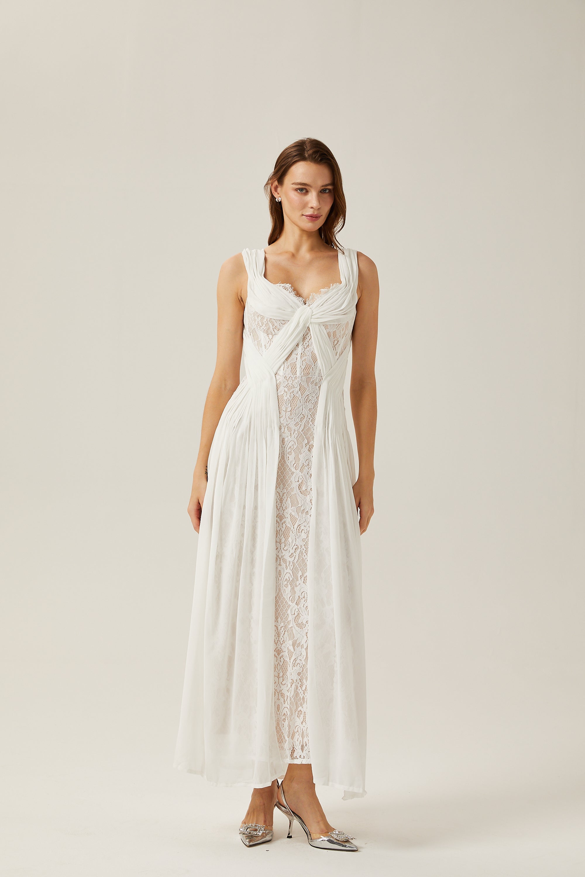 Arantxa white lace pleated maxi dress