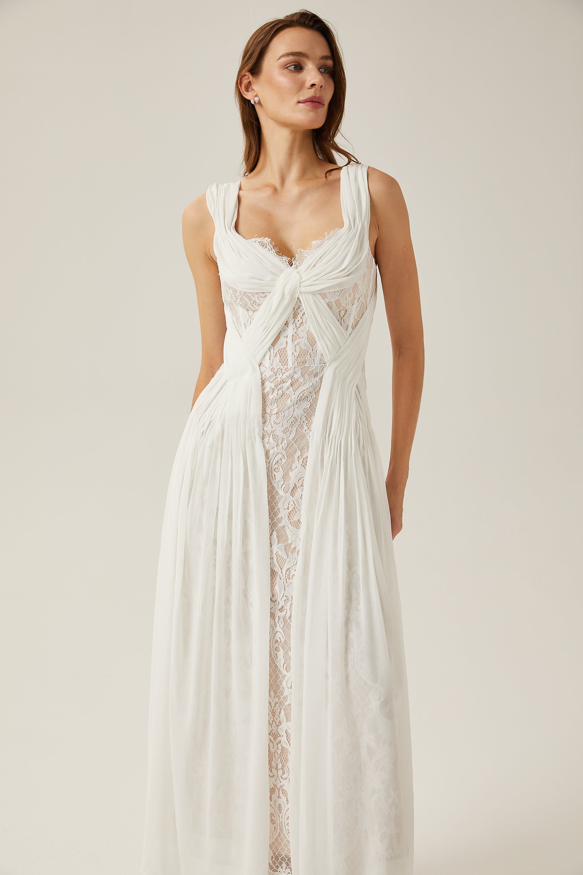 Arantxa white lace pleated maxi dress